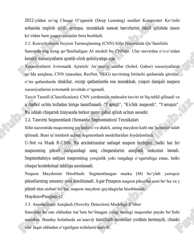encoder) va qayta tiklay (decoder) oladi. xatolik tahlili: agar yaroqsiz (nuqsonli) mahsulot kirsa, avtoenkoder uni to‘g‘ri tiklay olmaydi, natijada asl tasvir va qayta tiklangan tasvir o‘rtasida katta farq (reconstruction error) yuzaga keladi. bu xatolikning yuqori bo‘lishi tasvirda anomaliya (nuqson) mavjudligini anglatadi. error(i)=x,y∑(iasl(x,y)−itiklangan(x,y))2 4. sanoat tizimlarining amaliy qiyinchiliklari va kelajak istiqbollari sanoat muhitida cv tizimlarini integratsiya qilish nazariy tahlildan farqli ravishda ko‘plab amaliy muammolarga duch keladi. 4.1. real vaqt rejimida ishlash va kechikish (latency) yuqori tezlikda ishlaydigan konveyer liniyalarida, masalan, soatiga minglab mahsulot o‘tadigan joylarda, cv tizimi millisekundlarda qaror qabul qilishi kerak. hisoblashni optimallashtirish: murakkab cnn modellarining ishlash tezligini oshirish uchun gpu (graphics processing unit), fpga (field-programmable gate array) yoki maxsus ai tezlatgichlari qo‘llaniladi. modelning o‘zini soddalashtirish (model pruning, quantization) orqali ham tezlik oshiriladi. asinxron qayta ishlash: kuzatuv va tahlil jarayonlarini ajratish. tasvir olish doimiy ravishda bajariladi, ammo tahlil keyingi kadrlar tayyor bo‘lmaguncha asinxron tarzda amalga oshirilishi mumkin. 4.2. yoritish (illumination) …