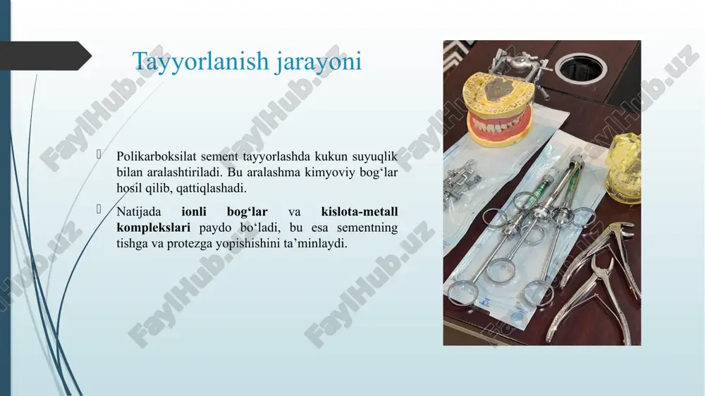 ”, 2020. smith d.c., a new dental cement, british dental journal, vol. 125, 1968. anusavice k.j., shen c., rawls h.r., phillips' science of dental materials, 13th edition, elsevier, 2013. ganiev sh., stomatologik kimyo asoslari, toshkent: “ibn sino”, 2017. wasson e.a., nicholson j.w., a comparative study of polycarboxylate dental cements, journal of oral rehabilitation, 1993. juraev n., tibbiy va stomatologik materiallar texnologiyasi, samarqand: samdtu nashriyoti, 2021. e’tiboringiz uchun raxmat image1.jpeg image2.png image3.png image4.png image5.png image6.png image7.png image8.jpeg image9.png /docprops/thumbnail.jpeg