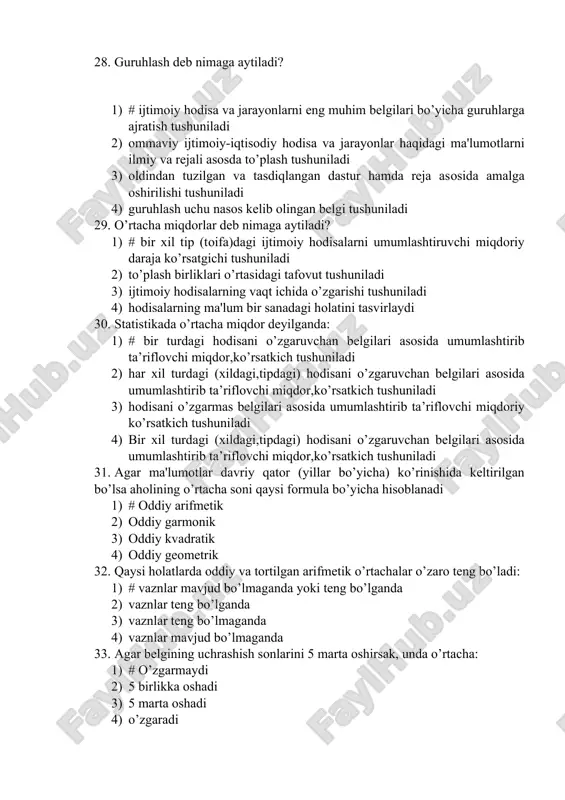 or,ko’rsatkich tushuniladi 31. agar ma'lumotlar davriy qator (yillar bo’yicha) ko’rinishida keltirilgan bo’lsa aholining o’rtacha soni qaysi formula bo’yicha hisoblanadi 1) # oddiy arifmetik 2) oddiy garmonik 3) oddiy kvadratik 4) oddiy geometrik 32. qaysi holatlarda oddiy va tortilgan arifmetik o’rtachalar o’zaro teng bo’ladi: 1) # vaznlar mavjud bo’lmaganda yoki teng bo’lganda 2) vaznlar teng bo’lganda 3) vaznlar teng bo’lmaganda 4) vaznlar mavjud bo’lmaganda 33. agar belgining uchrashish sonlarini 5 marta oshirsak, unda o’rtacha: 1) # o’zgarmaydi 2) 5 birlikka oshadi 3) 5 marta oshadi 4) o’zgaradi ++++ 34. tanlab kuzatish: 1) # qisman kuzatish usuli 2) yoppasiga kuzatish usuli 3) uzluksiz kuzatish usuli 4) uzlukli kuzatish usuli 35. tanlama to’plamga birliklarni tanlab olinish tartibi: 1) # takrorlanuvchi,takrorlanmaydigan 2) mexanik,tipik 3) tasodifiy,seriyali 4) uzlukli va uzluksiz 36. tasodifiy tanlash deb nimaga aytiladi? 1) # bosh to’plamdan birliklar qur'a yoki chek tashlash yo’li bilan olishi tushuniladi 2) bosh to’plamdagi birliklar ma'lum oraliq …