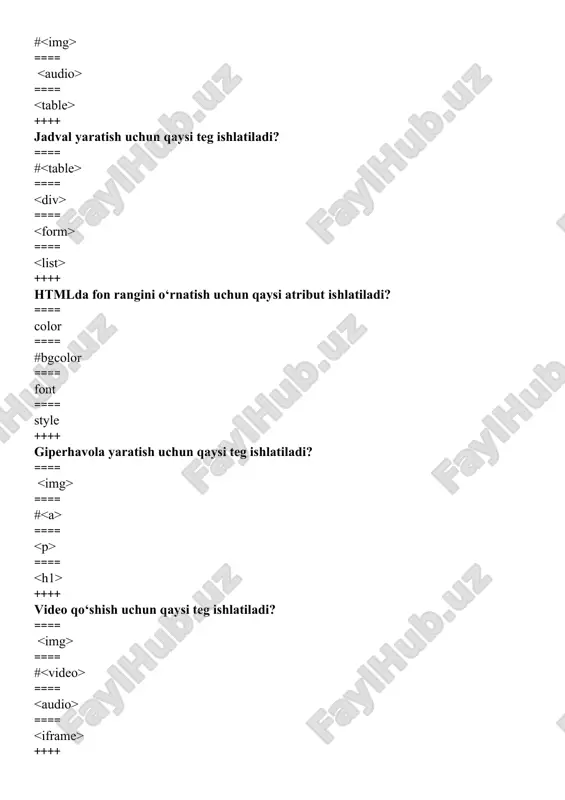 ar bazasida ++++ xml nima uchun ishlatiladi? ==== #ma'lumotlarni tuzilgan holda saqlash uchun ==== web-sahifalarni dizayn qilish uchun ==== animatsiya yaratish uchun ==== serverlarni boshqarish uchun ++++ css qaysi elementlarni formatlaydi? ==== #html elementlari ==== php kodlari ==== javascript funksiyalari ==== ma'lumotlar bazasi jadvallari ++++ perl qaysi sohada ko‘proq ishlatiladi? ==== #server-skriptlari ==== mijoz tomonidagi animatsiyalar ==== grafik dizayn ==== ma'lumotlar bazasi boshqaruvi ++++ web design dasturlari qaysi maqsadda ishlatiladi? ==== #saytlarning vizual ko‘rinishini yaratish ==== ma'lumotlarni shifrlash ==== serverlarni sozlash ==== audio fayllarni tahrirlash ++++ cookie fayllar nima uchun ishlatiladi? ==== #foydalanuvchi ma'lumotlarini saqlash uchun ==== sayt dizaynini yaxshilash uchun ==== serverni himoyalash uchun ==== animatsiya yaratish uchun ++++ javascriptda hodisa (event) nima deb ataladi? ==== #foydalanuvchi harakati ==== server so‘rovi ==== ma'lumotlar bazasi yangilanishi ==== fayl ochilishi ++++ javascript kodi qaysi teg ichida yoziladi? ==== ==== # ==== ==== ++++ javascriptda o‘zgaruvchi qanday e’lon qilinadi? === #let x …