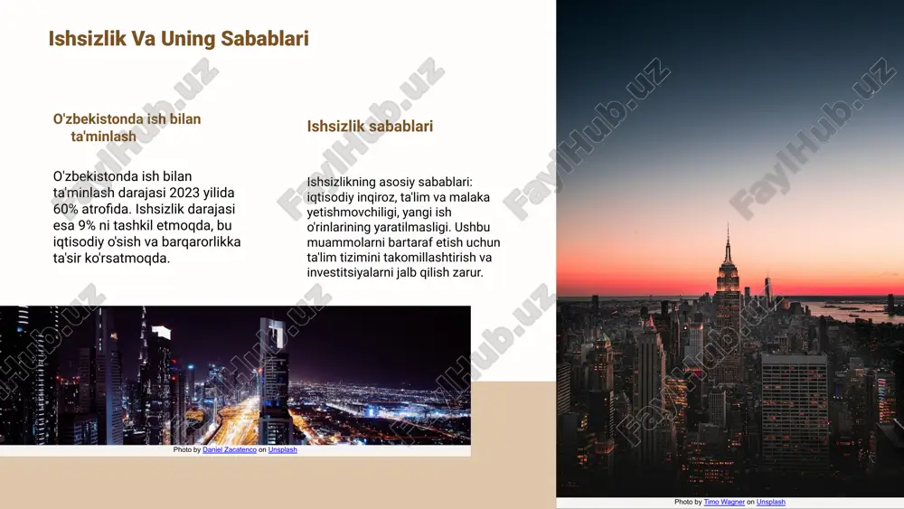 nat bozoridagi yoshlar yoshlar o'rtasida mehnat bozoriga kirish imkoniyatlari o'zbekistonda yoshlar mehnat bozoriga kirish imkoniyatlariga ega. ular uchun ishlab chiqarish va xizmatlar sohasida yangi imkoniyatlar yaratilmoqda. yoshlar o'rtasida ish bilan ta'minlanganlik darajasi ortmoqda. ish beruvchilar yoshlarni jalb etish uchun raqobatbardosh shartlar taqdim etmoqda. yoshlar uchun kasbiy tayyorgarlik va ta'lim imkoniyatlari o'zbekistonda yoshlar uchun kasbiy tayyorgarlik dasturlari kengaymoqda. o'rta va oliy ta'lim muassasalari ko'plab yangi kurslar taklif qilishmoqda. davlat va xususiy sektor tomonidan taklif etilayotgan stajirovkalar yoshlarning amaliy tajriba orttirishiga yordam beradi. xalqaro tajribalar xalqaro mehnat bozoridagi tendensiyalar o'zgaruvchan va har bir mamlakat uchun muhim ahamiyatga ega. o'zbekiston bu tendensiyalarni o'rganib, mehnat bozorini rivojlantirishi mumkin. o'zbekistonga mos xalqaro tajribalar, davlat siyosati va iqtisodiy sharoitlarga mos ravishda, mehnat bozorining samaradorligini oshirish maqsadida amalga oshirilishi kerak. o'zbekistonda xalqaro hamkorlik, iqtisodiy rivojlanishni tezlashtirish, zamonaviy texnologiyalarni joriy etish va xalqaro tajribalarni o'zlashtirish uchun muhimdir. o'zbekiston mehnat bozori tahlili o'zbekiston mehnat bozorining umumiy holati iqtisodiy o'sish, …