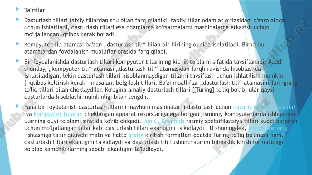 an mashina tillari mavjud bo‘lgan bo‘lsa, keyinchalik assambleya tillari va undan keyin yuqori darajadagi dasturlash tillari yaratildi. bugungi kunda python, java, c++ kabi tillar orqali murakkab dasturlarni sodda va tushunarli sintaksis bilan yozish mumkin. dasturlash tillarining tasnifi ularning texnik darajasiga va inson tiliga yaqinligiga qarab farqlanadi. umuman olganda, dasturlash tillari texnologik rivojlanishning ajralmas qismi bo‘lib, zamonaviy axborot texnologiyalarining asosini tashkil etadi. e’tiboriz uchun rahmat image1.jpeg image2.png image3.png image4.png image5.png image6.png image7.png image8.png /docprops/thumbnail.jpeg