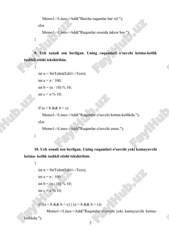lines->add(inttostr(k)); } 2. 1 kg konfet narxi berilgan (haqiqiy son). 1, 2, …, 10 kg konfet narxlarini ekranga chiqaruvchi dastur tuzilsin. { double price = strtofloat(edit1->text); for(int i = 1; i lines->add(floattostr(i * price)); } 3. 1 kg konfet narxi berilgan (haqiqiy son). 0.1, 0.2, …, 1 kg konfet narxlarini ekranga chiqaruvchi dastur tuzilsin. { double price = strtofloat(edit1->text); for(double i = 0.1; i lines->add(floattostr(i * price)); } 4. 1 kg konfet narxi berilgan (haqiqiy son). 1.1, 1.2, …, 2 kg konfet narxlarini ekranga chiqaruvchi dastur tuzilsin. { double price = strtofloat(edit1->text); for(double i = 1.1; i lines->add(floattostr(i * price)); } 5. n butun soni berilgan. quyidagi yig’indini hisoblovchi dastur tuzilsin: s = 1 + 1/2 + 1/3 + .. 1/n. { int n = strtoint(edit1->text); double s = 0; for(int i = 1; i lines->add(floattostr(s)); } 6. n butun soni berilgan. quyidagi ko’paytmani hisoblovchi dastur tuzilsin: s = 1.1 …