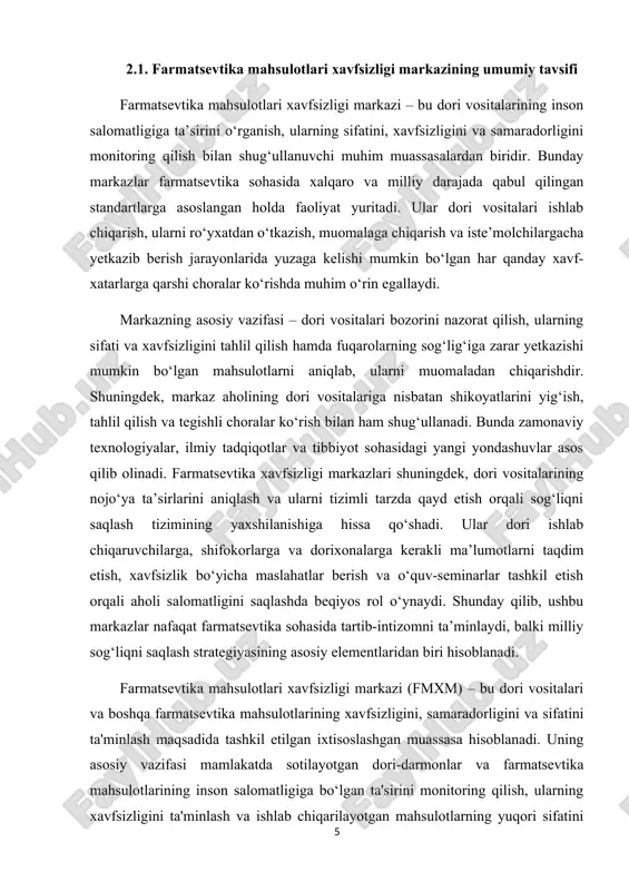lqaro standartlarga javob beruvchi tizimni yaratish va boshqarishdir. bu tizim orqali mahsulotning har bir bosqichdagi xavfini baholash va zarur choralarni ko‘rish mumkin bo‘ladi. dori vositalarini ishlab chiqish, sinovdan o‘tkazish va bozorga chiqarish jarayonlarida xavfsizlik va sifatni ta'minlashga katta e'tibor beriladi. markaz, shuningdek, dori vositalarini ishlab chiqarish va tarqatishning barcha bosqichlarida sifat nazorati tizimini amalga oshiradi. fmxm ning tashkil etilishi farmatsevtika sanoatining rivojlanishiga katta hissa qo‘shadi. shu bilan birga, bu markaz xalqning sog‘lig‘ini himoya qilish, dori vositalaridan foydalanuvchi bemorlarning xavfsizligini ta'minlash va farmatsevtik mahsulotlar bozorining barqaror ishlashini nazorat qilish maqsadida ham muhim rol o‘ynaydi. markazning asosiy faoliyati quyidagi yo‘nalishlarni o‘z ichiga oladi: farmatsevtika mahsulotlarini xavfsizlik bo‘yicha monitoring qilish: dori vositalarining har bir partiyasi va ishlab chiqarilgan mahsulotning salbiy ta'sirlarini kuzatish. bunda dori vositalarining sifatini tekshirish va ishlab chiqarish jarayonida yuzaga kelgan nosozliklarni aniqlash uchun doimiy ravishda laboratoriya tahlillari va klinik sinovlar o‘tkaziladi. dori vositalarini ro‘yxatdan o‘tkazish va tasdiqlash: yangi dori vositalari …