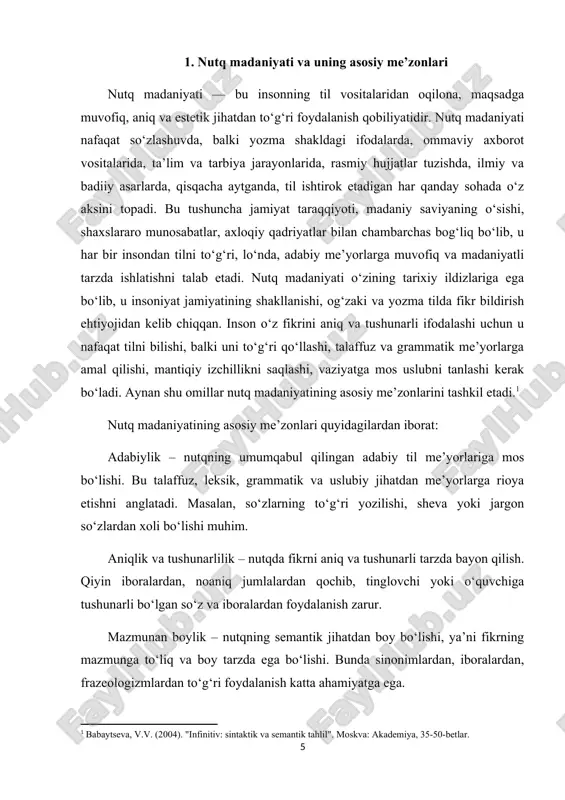 ‘zlovchining nutqi tinglovchiga qanday ta’sir qilgani, uni qiziqtirgan-qiziqtirmagani, ishonch uyg‘otgan-uyg‘otmagani aniqlanadi. axloqiylik va estetiklik – bu nutqdagi odob-axloq me’yorlariga rioya qilish, tilning nafisligini saqlash, so‘zlashuvda go‘zallikka, madaniyatga e’tibor berishdir. bu, ayniqsa, ta’lim, madaniyat, ommaviy axborot vositalari, siyosat va jamoat joylarida muhim ahamiyatga ega. nutq madaniyati insonning shaxsiy fazilati, bilimi, tarbiyasi, ma’naviy olami va umumiy dunyoqarashini aks ettiradi. har bir inson o‘z nutqini rivojlantirish uchun izlanishi, adabiy tilni o‘rganishi, kitob o‘qishi, ommaviy axborot vositalaridagi madaniyatli chiqishlarni tahlil qilishi lozim. ayniqsa, o‘qituvchilar, jurnalistlar, siyosatchilar, san’atkorlar kabi keng jamoatchilik oldida nutq so‘zlaydigan kishilar nutq madaniyatiga alohida e’tibor berishlari kerak. ularning so‘zlash uslubi nafaqat o‘ziga, balki tinglovchilarga ham ta’sir ko‘rsatadi. nutq madaniyatini shakllantirish — bu faqat tilshunoslarning ishi emas. bu jarayonda oilaviy tarbiya, maktab, oliy ta’lim muassasalari, ommaviy axborot vositalari, badiiy adabiyot, teatr, kino va boshqa madaniyat vositalari ham muhim rol o‘ynaydi. nutq madaniyati – bu har bir insonning madaniy darajasini, jamiyatga munosabatini, ichki …