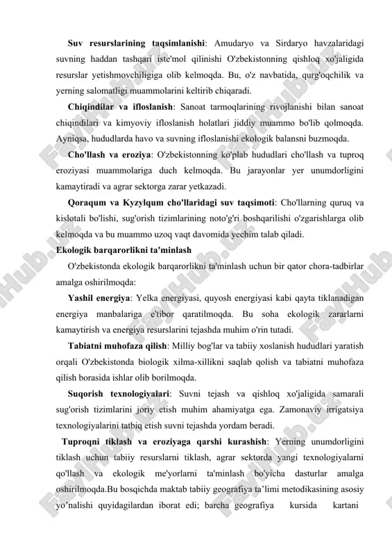 blarida tabiiy geografiya ta’limi muayyan sistemaga tushdi va takomillashdi, rosiya dastursi asosida yangi izchil va sistemali dasturlar ishlab chiqildi. 1934 yil 16 may qaroriga asoslangan holda o’zbek maktablarida o’qitiladigan geografiya kurslarining mazmuni quyidagicha bo’ldi: v sinf faqat tabiiy geografiya kursidan iborat bo’ldi. bu sinf o’quvchilarining tabiiy geografiya kursida tabiat hodisalarini tasvirlashlariga alohida e’tibor berilgan. kartani bilish o’z joyining ko’rinishini, uning planini o’rganishdan boshlanishi nazarda tutilgan. bu kursda o’kuvchilar erning ichki kuchlari (vulkan, zilzila, tog’ paydo bo’lishn, quruqlikning asriy tebranishlari va tashqi kuchlari), nurash, shamolning ishi, suv va muzlarning ishini, atmosfera temasida «izoterma», «musson», «siklon va antisiklon»larni, shuningdek tuproq, o’simlik va hayvonot zonasini va nihoyat, «aholi»ni ham o’rganishlari kerak edi. qit’alar obzor v sinf dastursidan olib tashlandi. vi sinfda faqat qit’alar geografiyasi o’rganiladigan bo’ldi. dasturga qit’alar va eng muhim davlatlarning tabiiy geografik obzori kiritilgan. garchi davlatlarning xo’jalik va siyosiy obzori o’rganilsada, kursning asosiy mundarijasi tabiiy geografiya edi. vii sinfda o’zbekistonning tabiiy …