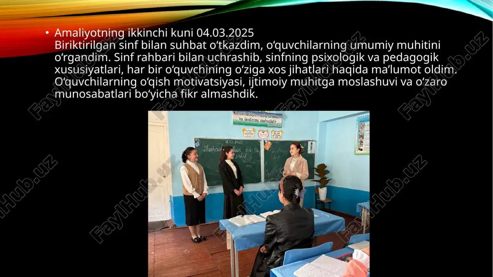 bilim va maslahat oyligi" doirasida kasb-hunar markazlari va oliy ta’lim muassasalariga yo‘naltirish ishlari olib borildi. o‘quvchilarga kasb tanlashda to‘g‘ri qaror qabul qilish bo‘yicha maslahatlar berildi. amaliyotning o’n to’rinchi kuni 19.03.2025 psixolog bilan birgalikda turli tashxis metodikalarini qayta ko‘rib chiqdim va ularni amaliyotga moslashtirdik. o‘quvchilarning psixologik holatini aniqlash, ularning qiziqishlari, ijtimoiy moslashuvi va shaxsiy xususiyatlarini o‘rganish uchun tegishli test va diagnostika vositalarini tanladik.shuningdek, o‘quvchilarga mos bo‘lgan metodikalarni takomillashtirib, ularning natijalarini tahlil qilish bo‘yicha yo‘riqnomalar ishlab chiqdik. bu jarayonda aniq, ishonchli va samarali diagnostika usullarini qo‘llashga e’tibor qaratildi. amaliyotning o’n beshinchi kuni 20.03.2025 o‘quvchilarning kasb-hunarga bo‘lgan qiziqishini aniqlash maqsadida “qiziqishlar xaritasi” psixologik-pedagogik diagnostikasini o‘tkazdim. ushbu metodika yordamida o‘quvchilarning qiziqishlari, moyilliklari va kasbiy yo‘nalishlari aniqlab chiqildi.tahlil natijalariga asoslanib, har bir o‘quvchi uchun kasbiy yo‘naltirish tavsiyalari berildi. shuningdek, to‘plangan ma’lumotlar asosida ma’lumotlar bazasi yaratildi va ularning kelajakdagi kasb tanlash jarayonida qo‘llanilishi uchun tizimlashtirildi. xulosa: amaliyot davomida o‘quvchilar bilan individual va guruhiy shakllarda ishlash, ularning …