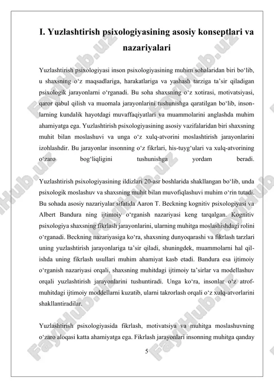 lar yordamida yuzlashtirish jarayonini yengillashtirish mumkin. masalan, kognitiv-ijtimoiy yondashuvlar va psixoterapiya metodlari insonlarning muhitga adaptsiyasini rivojlantirishda muhim rol o'ynaydi. ularning yordamida insonlar o’zlarining xotira, motivatsiya va qaror qabul qilish jarayonlarini yanada chuqurroq tushunib, muhitga moslashishda muhim qadamlar tashlashlari mumkin. yuzlashtirish jarayonini boshqarish uchun turli metodlar va texnikalar ishlab chiqilgan. masalan, muhitga moslashish uchun treninglar, psixologik tayyorgarlik va muayyan kognitiv yondashuvlar keng qo’llaniladi. bu usullar insonlarda muhitga moslashish qobiliyatini oshiradi, stress va muammolarni kamaytiradi, shuningdek, muhit bilan muvofiqlashuvni tezlashtiradi. shuningdek, zamonaviy texnologiyalar va neuropsixologiya yondashuvlari yordamida yuzlashtirish jarayonining individual xususiyatlarini chuqurroq o’rganish imkoniyati paydo bo’ldi. bu esa yuzlashtirish jarayonlarining samaradorligini oshirishga xizmat qilmoqda. shu bilan birga, yuzlashtirish jarayonining muhim muammolaridan biri uning ijtimoiy va texnologik muhitga moslashishda yuzaga keladigan qiyinchiliklardir. zamonaviy texnologiyalar va globalizatsiya jarayonlari insonlarning muhitga moslashish imkoniyatlarini kengaytirib, lekin ayni paytda yangi muammolarni ham yuzaga keltirmoqda. masalan, texnologik muhitga moslashish uchun insonlar ko’pincha yangi ko’nikmalar va bilimlarni egallashga ehtiyoj …