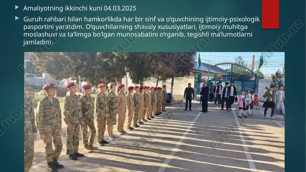 arga hayvonlarning yo‘qolishi va ularning yashash muhitidagi o‘zgarishlarni tasavvur qilish, shuningdek, hayvonlarning yo‘qolishiga sabab bo‘luvchi omillarni aniqlash imkoniyati yaratildi. o‘quvchilar hayvonlarning yo‘qolishini va bu holatning insonlar va tabiiy muhitga ta’sirini o‘rgandilar. proyektiv texnika davomida, o‘quvchilarga turli vazifalar berilib, ular o‘zlarining fikrlarini va tasavvurlarini erkin ifodalashdi. bu mashg‘ulot ekologik muammolarni tushunish, tabiatga bo‘lgan mas'uliyatni oshirish va hayvonlarni saqlash bo‘yicha ongli fikrlarni rivojlantirishga yordam berdi. amaliyotning o’n uchinchi kuni 18.03.2025 bugun “qiziqishlar xaritasi” psixologik-pedagogik diagnostikasini o‘tkazdim. ushbu diagnostika orqali o‘quvchilarning kasb-hunarga bo‘lgan qiziqishlari va ehtiyojlarini aniqlashga harakat qildim. o‘quvchilarga turli savollar va mashqlar yordamida o‘zlarining qiziqishlarini, qaysi kasblarga qiziqish bildirayotganini va kelajakdagi faoliyatlarini tasavvur qilishlariga imkon yaratdim. natijalar asosida o‘quvchilarning kasbiy qiziqishlariga mos keladigan ma'lumotlar bazasi yaratildi. bu diagnostika o‘quvchilarga kelajakdagi kasb yo‘nalishlarini aniqroq belgilash, shuningdek, ularga kerakli maslahatlar berish va yo‘nalishlarni shakllantirishda foydali bo‘lishi kutilmoqda. amaliyotning o’n to’rinchi kuni 19.03.2025 buyurtma asosida ichki ro‘yxatga olingan, ijtimoiy-psixologik muammosi mavjud o‘quvchilar va pedagoglarga …