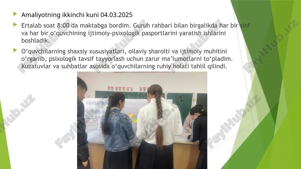agan hayvon” proyektiv metodikasi o‘tkazildi. ushbu metodika yordamida o‘quvchilarning ichki hissiy dunyosi va psixologik xususiyatlari tahlil qilindi. test natijalari asosida muhim xulosalar chiqarilib, zarur hollarda qo‘shimcha maslahat va korreksion ishlar rejalashtirildi. amaliyotning o’n uchinchi kuni 18.03.2025 ertalab soat 8:00 da maktabga bordim. bugungi mashg‘ulot ruxiy zo‘riqishning oldini olish va psixoaktiv moddalarga qaramlikning oldini olish mavzulariga bag‘ishlandi. dastlab, o‘quvchilar bilan stress va ruxiy bosimni kamaytirish usullari haqida suhbat o‘tkazildi. ularning stress darajasi baholanib, muvaffaqiyatli boshqarish usullari tavsiya qilindi. shuningdek, psixoaktiv moddalarga qaramlikning oldini olishga oid mashg‘ulot o‘tkazilib, zararli odatlarning inson salomatligi va hayot sifatiga ta’siri tushuntirildi. o‘quvchilar mavzuga qiziqib, o‘z fikrlarini bildirib, hayotiy misollar keltirishdi. suhbat interaktiv usulda o‘tdi va muhim xulosalar chiqarildi. amaliyotning o’n to’rinchi kuni 19.03.2025 ertalab soat 8:00 da maktabga bordim. bugungi kun rejasiga “sizning harakatlaringiz uchun javobgarmiz” mavzusida o‘quv-amaliy mashg‘ulotlar o‘tkazish kiritildi. mashg‘ulot davomida o‘quvchilar bilan mas’uliyat va oqibatlarni anglash bo‘yicha suhbat tashkil etildi. turli hayotiy vaziyatlar …