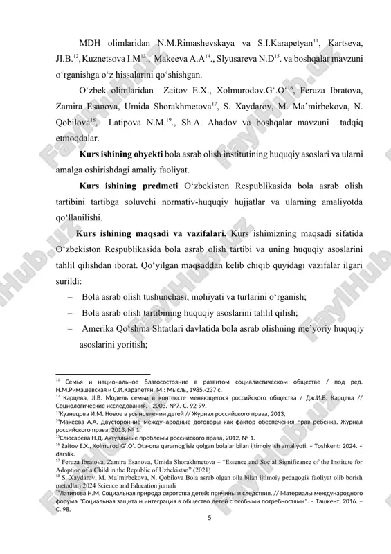 qo‘yilgan maqsaddan kelib chiqib quyidagi vazifalar ilgari surildi: · bola asrab olish tushunchasi, mohiyati va turlarini o‘rganish; · bola asrab olish tartibining huquqiy asoslarini tahlil qilish; · amerika qo‘shma shtatlari davlatida bola asrab olishning me’yoriy huquqiy asoslarini yoritish; · rossiya federatsiyasida bola asrab olish tartibining sotsiologik tahlilini ko‘rib chiqish. kurs ishining tuzilishi. mazkur kurs ishi kirish, 2 asosiy bob, 4 paragraf, xulosa, foydalanilgan adabiyotlar ro‘yxatidan iborat. i bob. bola asrab olish tushunchasining nazariy metodologik asoslari 1.1. bola asrab olish tushunchasi, mohiyati va turlari bola asrab olish — bu voyaga yetmagan shaxsni (bolani) biologik ota-onasi yoki qarindoshlaridan tashqari shaxs (yoki shaxslar) tomonidan qonuniy asosda farzandlikka olish jarayonidir. ushbu jarayon natijasida bola bilan asrab oluvchilar o‘rtasida huquqiy ota-ona va farzand munosabatlari yuzaga keladi. bola asrab olish instituti, bir tomondan, bolalarning oilaviy muhitda yashash, tarbiya topish, shaxs sifatida shakllanish huquqini ta’minlasa, ikkinchi tomondan, farzand ko‘rmagan yoki bolani tarbiyalash istagida bo‘lgan shaxslarga ota-ona bo‘lish …
