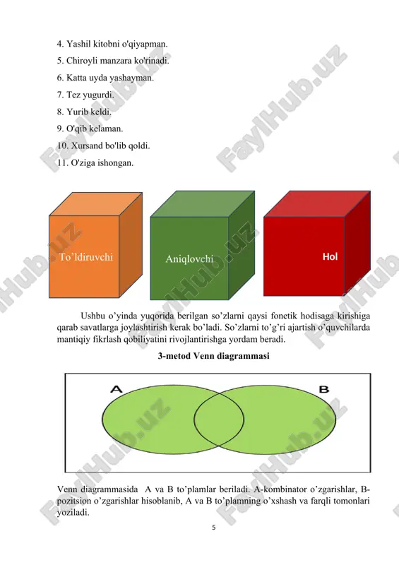 i. umumiy xulosa: toʻldiruvchi, aniqlovchi va hol soʻzlar o'zaro bog'liq bo'lib, bir-birini to'ldiradi va ularning har biri o'z vazifasiga ega. bu diagramma ularning o'xshashliklari va farqlarini ko'rsatadi. darsga yakun yasash: darsga yakun yasashda, o'quvchilarga o'rgatilgan materialni umumlashtirish, ularni muhokama qilish va kelgusi darslar uchun rag'batlantirish muhimdir. quyida darsga yakun yasash uchun foydalanishingiz mumkin bo'lgan namunaviy matn: darsga yakun bugungi darsimizda: biz toʻldiruvchi, aniqlovchi va hol soʻzlar mavzusini o‘rganib, ularning ma'nosi, vazifalari va misollarini ko‘rdik. har bir so'z turining o'ziga xos xususiyatlari bor, va ular o'zaro bog'liq. o'rganganlarimiz: 1. toʻldiruvchi so'zlar - ot yoki zamirni to'ldirib, qo'shimcha ma'lumot beradi. 2. aniqlovchi so'zlar - otlarni tasvirlaydi yoki aniqlaydi. 3. hol so'zlar - harakat, holat yoki sababni ifodalaydi. muhokama: qanday qilib toʻldiruvchi, aniqlovchi va hol soʻzlarni to‘g‘ri ishlatish kerak? hayotingizda bu so'zlar qanday ishlatilishini misollar bilan keltirishingiz mumkinmi? kelgusi darsda: biz ushbu mavzularni yanada chuqurroq o'rganamiz va turli yozma ishlarda ulardan qanday foydalanishni …
