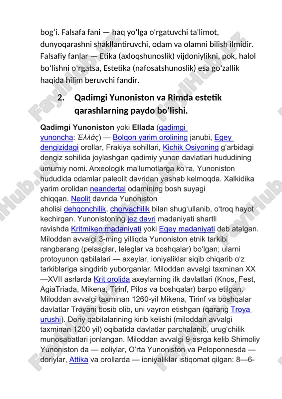 lar yangicha estetik gʻoyalarni oʻrtaga tashladilar, badiiy adabiyotda, dramaturgiya janriga va zamonaviy teatr sanʼatiga asos soldilar. anbar otinning "qarolar falsafasi" (1910), fitratning "oila" (1914), keyinroq "adabiyot qoidalari" (1926) risolalari yuzaga keldi, choʻlponning badiiy adabiyot, teatr sanʼatiga bagʻishlangan turqum maqolalari eʼlon qilindi. lekin shoʻrolar hukmronligi davridagi totalitarizm barcha falsafiy fanlar qatori estetikani ham sinfiylik va partiyaviylik tamoyillari asosida biryoqchamalikka, mahdudlikka, soxtalikka mahkum qildi. oʻzbekiston mustaqillikka erishganidan soʻng estetikaga alohida eʼtibor berila boshlandi, estetik madaniyat (m.nurmatov, m.abdullayev), estetik qadriyatlar (t.mahmudov) borasida yirik tadqiqotlar eʼlon qilindi. hozirgi vaqtda estetika nazariyasi va tarixiga doir jiddiy izlanishlar olib borilmoqda (t.mahmudov, a.qurbonmamadov, estetikaumarov, a.sher, b. husanov). oʻzbekiston milliy un~tida estetika yoʻnalishi boʻyicha magistratura faoliyat koʻrsatmoqda, shu yoʻnalishda aspirantura va doktorantura mavjud. mamlakatimizda fuqarolarning estetik tarbiyasiga taalluqti turli tadbirlar, ularning estetik didini yuksaltirishga qaratilgan maʼnaviymaʼrifiy ishlar muntazam olib boriladi. foydalanilgan adabiyotlar. · aristotel, poetika, t., 1981; · mahmudov t., goʻzallik va hayot. t, 1974; · nurmatov m., …