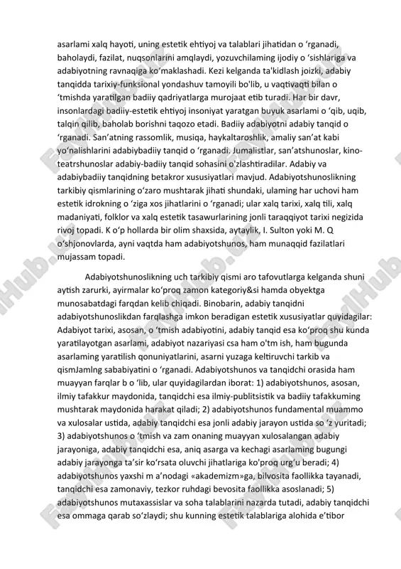 unadi va shu mantiqdan kclib chiqqan holda asarlaming yutuq hamda kamchiliklarini ko‘rsatishi lozimligini uqtiradi. uningcha «tanqid demak bir musannifning yozib maydoni intishorga qo‘ygan kitobinda kelishmag‘on iboralami matbuot vositasi ila yozib ko‘"rsatmoq demakdir»1. ahlullo bu bilan adabiyotning kelgusi taraqqiyoti bevosita vaqtii matbuotga uzviy bog‘liqligini uqtiradi shu bilan birga u tanqidchi odob doirasidan chiqmasligini ham alohida ta’kidlaydi e ’tibor bersangiz, bundan taxminan yuz yil aw al o'zbek tanqidchiligida ilk bor tanqidchi etikasi degan muhim masalaga ham diqqat qaratilgan. muallif maqolada adabiy tanqidning rus, tatar, ozart>a>jon vaqtii matbuotida faol ko‘rinayotganligini e ’tirof etadi va o ‘zbek tanqidchilarini ham ulardan o ‘rganishga da’vat etadi. chindan-da, ilk o ’zbek vaqtii matbuoti adabiy tanqidning paydo bo‘iish omillaridan biriga aylana bordi. ilk o‘zbek vaqtii matbuoti yangi tipdagi adabiy tanqidning shakllanishiga asos solish bilan birga uning m uhim ijtimoiy mohiyatiga ham c ’tibor berdi. adabiy íanqid adabiyotshunoslikning o ‘ziga xos larkibiy qismi: mushtarak va xos xususiyatlar. hodisaning m …
