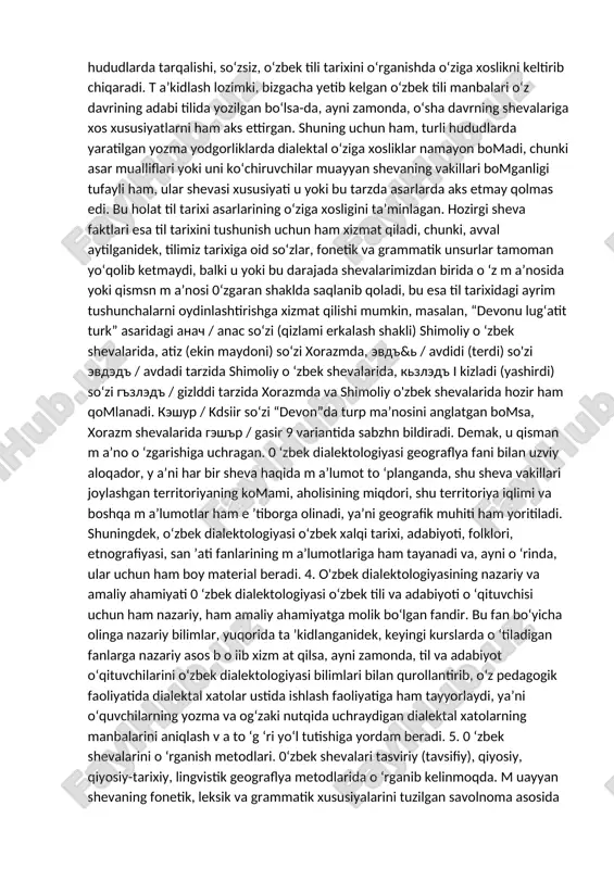 qargan. sheva va dialekt xususiyatlarining tobora qat’iylashishiga aholi punktlarining bir-biridan uzoq joylashishi muhim rol o ‘ynagan. shu tariqa bir til ichida turli shevalaming shakllanishiga olib kelgan. tarixchi olim k. shoniyozovning ko‘rsatishicha, qarluqlar va ularga qon-qardosh bo‘lgan chigil, xalaj qabilalari lie daryosi havzasida, sirdaryoning janubiy oqimlari, isfijobda va farg‘ona vohasiga tarqalgan keng territoriyada yashaganlar. turgesh qabilalari ittifoqi yettisuvni egallagan. 766-yilda bu territoriyalar qarluqlar tomonidan ishg'ol qilingan. ix-x asrlarda o‘g‘uzlar sirdaryoning quyi va o ‘rta havzalarini hamda orol bo‘ylarini ishg'ol qilgan. qipchoq qabilalari esa, asosan, oltoy o ‘lkasida, irtish bo‘ylarida yashaganlar va keyinchalik ular sibir, gurjiston, volga, dunay daryolari bo‘ylari hamda markaziy osiyoga tarqalganlar. 0‘zbek tilida sheva va dialektlaming kuchli farqlanib qolganligiga o ‘zbek tili boshqa tillardan ajralib mustaqil taraqqiy eta boshlagan davrdan boshlab unga turkiy va forsiy tilning kuchli ta’siri ham sabab bomgan. jumladan, qoraqalpog‘istondagi o ‘zbek shevalariga qoraqalpoq va qozoq tillarining, toshhovuz o ‘zbek shevalariga (xorazm shevalariga) turkman tilining, shimoliy …