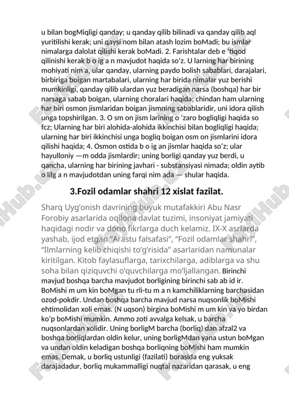 ovining har biri tushuncha bilan belgilanadi, ikkala qismning har biri esa o ‘sha asosning sababi bomadi. u, o ‘z navbatida, endi birinchi bomolmaydi, balki bunda undan oldin keladigan boshqa borliq bomib, u uning borligmga sabab bomadi - bu esa (o ‘z navbatida) am ri maholdir. foydalanilgan adabiyotlar 1. 2022 — 2026-yillarga mo'ljallangan yangi o'zbekistonning taraqqiyot strategiyasi to'g'risida. o'zbekiston respublikasi prezidentining farmoni, 28.01.2022 yildagi pf-60-son. 2. "ta'lim to'g'risida" gi qonun. o'zbekiston respublikasining qonuni, 23.09.2020 yildagi o'rq-637-son. 3. abu nasr farobiy "fozil odamlar shaxri" tarjimonlar abdusodiq irisov, mahkam mahmudov, urfon otajon. mas'ul muharrirlar m.xayrullaev, m.jakbarov. - toshkent: yangi asr avlodi, 2016. - 320 b. 4. xayrullayev m.m farobiy va uning falsafiy risolalari. toshkent 1963 5. abu nasr farobiyning "fozil odamlar shahri". toshkent, abdulla qodiriy nomidagi xalq merosi nashriyoti 1993. 6. hayitov, a. i., & miltikboyeva, z. (2022, may). methods of organization of native language classes in primary classes on the basis of …
