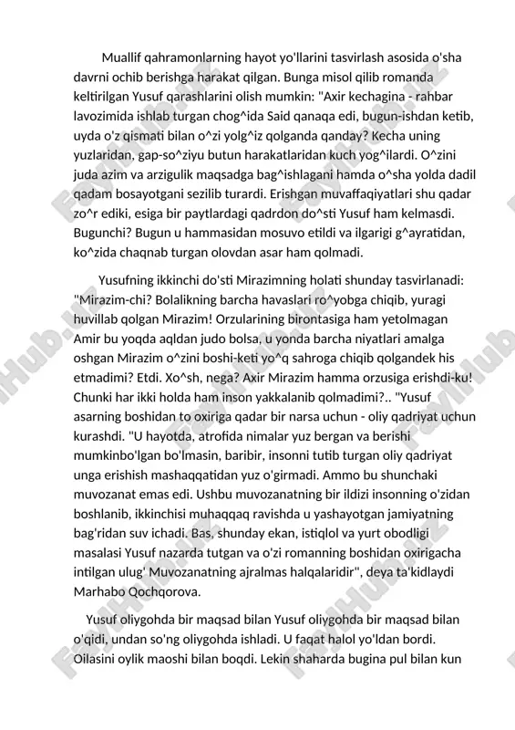 ani hamda o^sha yolda dadil qadam bosayotgani sezilib turardi. erishgan muvaffaqiyatlari shu qadar zo^r ediki, esiga bir paytlardagi qadrdon do^sti yusuf ham kelmasdi. bugunchi? bugun u hammasidan mosuvo etildi va ilgarigi g^ayratidan, ko^zida chaqnab turgan olovdan asar ham qolmadi. yusufning ikkinchi do'sti mirazimning holati shunday tasvirlanadi: "mirazim-chi? bolalikning barcha havaslari ro^yobga chiqib, yuragi huvillab qolgan mirazim! orzularining birontasiga ham yetolmagan amir bu yoqda aqldan judo bolsa, u yonda barcha niyatlari amalga oshgan mirazim o^zini boshi-keti yo^q sahroga chiqib qolgandek his etmadimi? etdi. xo^sh, nega? axir mirazim hamma orzusiga erishdi-ku! chunki har ikki holda ham inson yakkalanib qolmadimi?.. "yusuf asarning boshidan to oxiriga qadar bir narsa uchun - oliy qadriyat uchun kurashdi. "u hayotda, atrofida nimalar yuz bergan va berishi mumkinbo'lgan bo'lmasin, baribir, insonni tutib turgan oliy qadriyat unga erishish mashaqqatidan yuz o'girmadi. ammo bu shunchaki muvozanat emas edi. ushbu muvozanatning bir ildizi insonning o'zidan boshlanib, ikkinchisi muhaqqaq ravishda u yashayotgan …