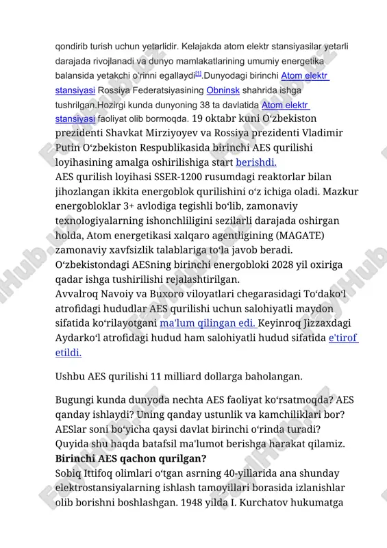 iy suv issiqlik eltuvchi, ogʻir suv esa susaytiruvchi); 4) grafit-gazli (gaz — issiqlik eltuvchi, grafit — susaytiruvchi). zamonaviy atom energetikasida asosan uran235 dan foydalaniladi. uning tabiiy zaxirasi unchalik katta emas, organik yoqilgʻining esa atigi 10% ini tashkil qiladi. bu miqdor atom energetikasini yoqilgʻi bilan uzoq vaqtgacha taʼminlay olmaydi. yadro yoqilgʻisi sifatida qoʻllanadigan plutoniy-239 va uran-233 olish uchun xom ashyo xisoblanadigan uran-238 bilan toriy-232 ning zaxirasi yer bagʻrida yetarli miqdorda. bu yadro yoqilgʻilari yerdagi energetik resursni taxminan. 1000 baravar oshiradi. hozirgi yoqilgʻi ishlab chiqaradigan koʻpaytiruvchi atom reaktorlarida yoqilgʻi miqdorini ishlash jarayonida orttirish mumkin. masalan: ikki marta koʻpaytirish uchun taxminan 10 yilgacha vaqt kerakligi maʼlum. demak, odamzod atom yoqilgʻisisiz qolmaydi. atom energiyasi xalqaro agentligining xabar berishicha, 1985-yil oxirida dunyoning 26 mamlakatida atom elektr stansiyalarida umumiy quvvati 248577 mvt boʻlgan 374 reaktor ishlab turgan. shulardan umumiy quvvati 77851 mvt boʻlgan 93 reaktorli aqsh birinchi oʻrinda, qolganlari esa fransiya (37533 mvt), sobiq sssr (26803 …