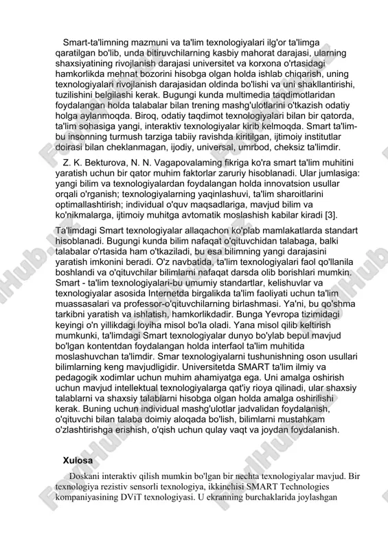 da saqlanadi. smart planshet o'z ichiga elektron darsliklarni qamrab olgan, zamonaviy va e-learning uchun ishlashga qulay vosita. smart planshetlar ularning tarkibiga smart-darslik o'rnatilgan bo'ladi. smart notebooklar ham hozirgi kunda o'zining zamonaviy tuzilishi, jihozlanishi bilan bizlarni hayratga soladi. o'zbekistonda ham bunday texnologiyalarni rivojlantirishga katta ahamiyat berilmoqda, artel kompaniyasini rivojlantirish, zamonaviy planshetlarni ishlab chiqishni yo'lga qo'yish va rivojlantirish masalalari hal etilmoqda. smart uylar, smart shahar, smart qishloq, va bu haqidagi o'zbekistonda birinchi qadamlar. smart uy quyosh batareyasi asosida uyni isitish va energiya bilan ta'minlash, insonni sezuvchi texnologiya asosida amalga oshirilgan. smart shahar quyosh energiyasi asosida ishlovchi shahar, quyosh energiyasi asosida ishlovchi batareyalar orqali ishlovchi svetofor. lekin hozirgi axborot texnologiyalari asrida web 2.0 texnologiyalari zaminida shunday dasturiy vositalarni elektron ta'limning resurslarini yaratish qo'llash mumkin-ki, buning uchun dasturchi va yuqori tilli dasturlash tillarida bilimga ega bo'lish shart emas. masalan, bunday dasturlarga, courselab, sunrav bookoffice, sunrav testofficepro va boshqalar kiradi. undan tashqari 11 ta dasturiy …