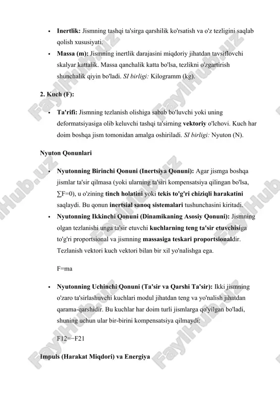 akat bo'lib, gorizontal (x) va vertikal (y) o'qlar bo'yicha harakatning superpozitsiyasidir: · x o'qi bo'ylab: tashqi kuchlar yo'q (havo qarshiligi hisobga olinmasa). harakat tekis (ax​=0, vx​=v0​cos(α)=const). · y o'qi bo'ylab: faqat og'irlik kuchi ta'sir qiladi. harakat tekis tezlanuvchan (ay​=−g). masalalarda maksimal ko'tarilish balandligi (hmax​), uchish uzoqligi (l) va havoda bo'lish vaqti topiladi. ish va energiya qonunlarini qo'llash ba'zi murakkab dinamika masalalari kuchlar bilan ishlash (vektorlarni proyeksiyalash) orqali yechishdan ko'ra, ish va energiya qonunlarini qo'llash orqali ancha sodda yechiladi. · konservativ kuchlar: faqat og'irlik kuchi va elastiklik kuchi ta'sirida bo'lsa, mexanik energiyaning saqlanish qonuni qo'llaniladi. bu juda kuchli usul bo'lib, harakatning boshlang'ich va oxirgi holatlarini bog'laydi. · nokonservativ kuchlar (ishqalanish, qarshilik): agar tizimda ishqalanish kabi kuchlar bo'lsa, ular mexanik energiyani tarqatuvchi (dissipativ) kuchlar hisoblanadi. bu holda ish va energiya teoremasi qo'llaniladi: tashqi va nokonservativ kuchlarning bajargan umumiy ishi jismning kinetik energiyasi o'zgarishiga teng. aumumiy​=δek​ bu usul, masalan, ishqalanish kuchi ta'siridagi harakatning …