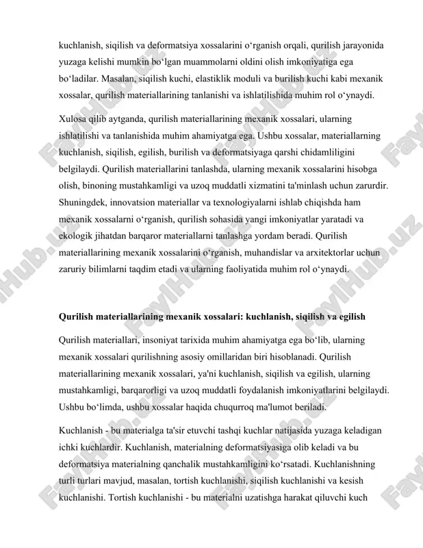 lari mavjud, masalan, tortish kuchlanishi, siqilish kuchlanishi va kesish kuchlanishi. tortish kuchlanishi - bu materialni uzatishga harakat qiluvchi kuch bo‘lib, materialning uzunligini oshiradi. siqilish kuchlanishi esa materialni qisqartirishga olib keladi. kesish kuchlanishi - bu materialning bir qismiga boshqa bir qismidan qochishiga olib keladigan kuchdir. kuchlanishning o‘lchov birligi pascal (pa) bo‘lib, bu bir kvadrat metrga tushadigan kuchni ifodalaydi. kuchlanish darajasi materialning mexanik xossalarini aniqlashda muhim ahamiyatga ega. masalan, metall materiallar, odatda, yuqori kuchlanish darajasiga ega bo‘ladi, bu esa ularning qurilishda keng qo‘llanishiga olib keladi. boshqa tomondan, yog‘och yoki plastmassalar kabi materiallar, kuchlanish darajasi past bo‘lishi mumkin. siqilish - bu materialning tashqi kuchlar ta'sirida qisqarishi yoki o‘zining hajmini kamaytirishi jarayonidir. siqilish jarayoni, materialning ichki tuzilishi va uning molekulyar tuzilishi bilan bog‘liq. siqilish jarayoni, materialning mustahkamligini va barqarorligini aniqlaydi. siqilish kuchlanishi, materialning qanchalik kuchli ekanligini ko‘rsatadi va bu kuchlanish darajasi materialning turiga qarab farq qiladi. siqilish kuchlanishi, materialning o‘ziga xos xossalariga bog‘liq bo‘lib, …