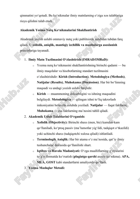 todlarni doimiy qo‘llash orqali talaba yoki yosh tadqiqotchi o‘zining kommunikativ akademik ko‘nikmalarini professional darajaga olib chiqishi mumkin, bu esa ilmiy natijalarning jamiyat va fanga yetkazilishini ta’minlaydi. 3. axborot bilan ishlash va o‘z-o‘zini tashkillashtirishning metakognitiv ko‘nikmalari metakognitiv ko‘nikmalar ("fikrlash haqida fikrlash") — bu shaxsning o‘z bilish jarayonlarini (o‘rganish, eslab qolish, muammo hal qilish) nazorat qilish va boshqarish qobiliyatidir. akademik muhitda bu, asosan, axborot bilan samarali ishlash (ilmiy manbalarni boshqarish) va o‘z-o‘zini tashkillashtirish (vaqt va ustuvorliklarni boshqarish) ko‘nikmalari orqali namoyon bo‘ladi. bu ko‘nikmalar shaxsni mustaqil o‘rganuvchiga aylantiradi. axborot bilan ishlashning metakognitiv ko‘nikmalari axborot hajmi tobora ortib borayotgan sharoitda, ma’lumotni topish emas, balki uni filtrlash va samarali tahlil qilish hal qiluvchi ahamiyat kasb etadi. 1. axborotni izlashning tizimli yondashuvi: · izlash strategiyasini ongli ravishda rejalashtirish: tadqiqotchi qidiruvdan oldin qaysi bazalardan (google scholar, scopus, mahalliy arm) foydalanishni, qaysi tilni va qaysi mantiqiy operatorlarni (and, or, not) qo‘llashni aniq bilishi kerak. bu — "shunchaki yozib …
