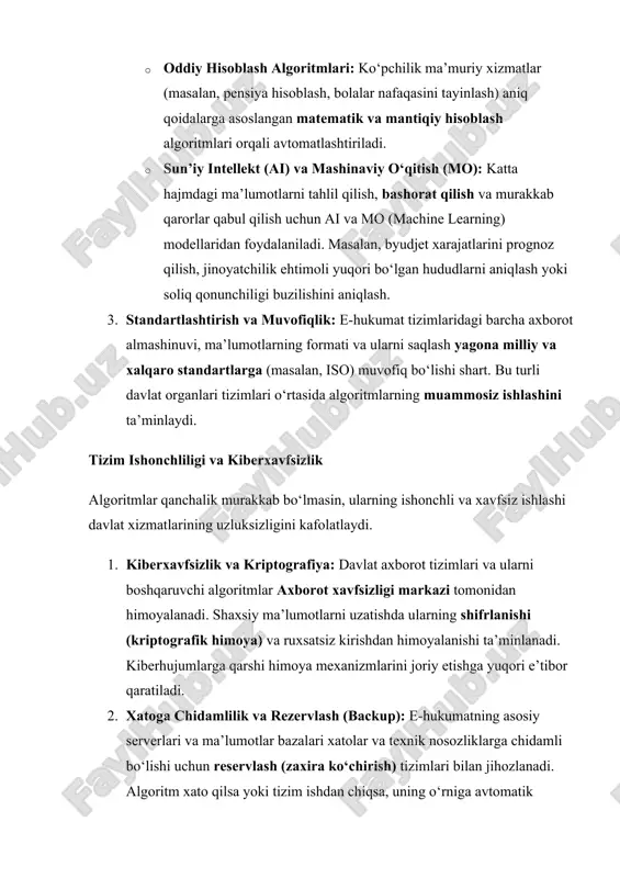 oshirish va korrupsiyani kamaytirish orqali ijtimoiy-iqtisodiy rivojlanishga bevosita ta’sir qiladi. 1. samaradorlik va tejamkorlik: algoritmlar ma’lumotlarni insonlarga qaraganda ancha tez va xatosiz qayta ishlaydi. bu vaqt va inson resurslarini tejash imkonini beradi, davlat xizmatlarini ko‘rsatish narxini pasaytiradi (iqtisodiy samaradorlik). masalan, litsenziyalash va ruxsat berish jarayonlarining avtomatlashtirilishi tadbirkorlik subyektlarining xarajatlarini keskin kamaytiradi. 2. korrupsiyaning oldini olish: algoritmik qaror qabul qilish tizimlari inson omilini cheklaydi, bu esa davlat xizmatchisining sub’ektiv qaror qabul qilish imkoniyatini yo‘qqa chiqaradi. bu korrupsiya xavfini sezilarli darajada kamaytiruvchi eng kuchli ijtimoiy ta’sir mexanizmidir. 3. xizmat sifatini o‘chirish: algoritmlar fuqarolarga kun-u tun rejimida (24/7) xizmat ko‘rsatishni ta’minlaydi. ular ma’lumotlarni tez va aniq tahlil qilish orqali xizmatlarning shaxsiy ehtiyojlarga moslashishini oshiradi. etik muammolar va xavflar algoritmlarni joriy etishdagi eng asosiy xavf "algoritmik xolislik" va "qora quti" effekti bilan bog‘liq. 1. algoritmik xolislik (bias): agar algoritmlarni o‘qitish uchun ishlatilgan ma’lumotlar bazasida dastlabki kamsitishlar (masalan, tarixiy ma’lumotlarda ayrim ijtimoiy guruhlarga nisbatan noto‘g‘ri …