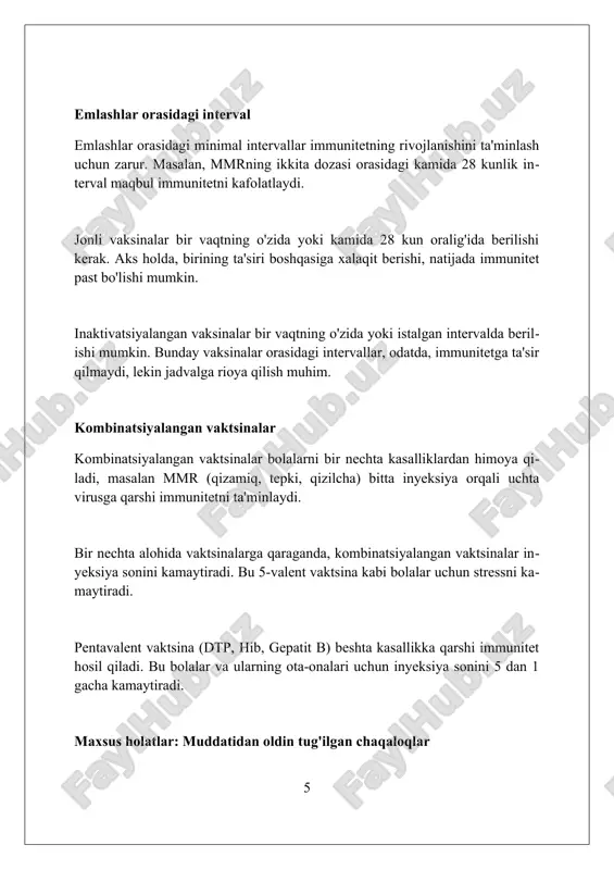 radorligi, mumkin bo'lgan nojo'ya ta'sirlar va ularni boshqarish usullari, shuningdek, vaktsinani o'tkazib yuborishning oqibatlari kiradi. yaxshi tashkil etilgan savollar va javoblar bo'limi (s) sog'liqni saqlash xodimlari, ota-onalar va jamoatchilik o'rtasida vaktsinalarga oid tushunmovchiliklarni kamaytirishga yordam beradi. xulosa immunizatsiya jadvalini yaratish asoslari kasalliklarni oldini olish va himoya qilish uchun juda muhimdir, shuning uchun sog'liqni saqlash mutaxassislari tomonidan tavsiya etilgan jadvalga rioya qiling. foydalanilgan adabiyotlar 1. immunizatsiya jadvalini yaratish asoslari. qo'llanma. sog'liqni saqlash vazirligi, o'zbekiston respublikasi. 2. vaktsinalar va immunitet. markazlar kasalliklarni nazorat qilish va profilaktika qilish (cdc), aqsh. 3. jahon sog'liqni saqlash tashkiloti (jsst). immunizatsiya bo'yicha global strategiya. 4. unicef ( 0 0 0 ) ( 7 )