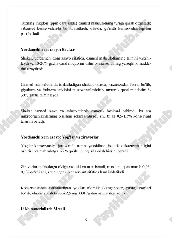 ab chiqish, hosildorlikni oshirish va iqlim o'zgarishiga moslashuvni ta'minlash muhimdir. barqaror xom ashyo ta'minoti uchun resurslarni tejash texnologiyalari, masalan, suvni 30% kam ishlatish va chiqindilarni 15% ga qisqartirish kabi innovatsiyalarga investitsiya kiritish zarur. mahalliy fermerlar bilan uzoq muddatli shartnomalar tuzish (kamida 3-5 yil) va ularni 20% ko'proq daromad olish imkoniyatini yaratuvchi agrotexnologiyalarga o'rgatish lozim. xulosa konserva mahsulotlari ishlab chiqarishda xomashyo sifati yakuniy mahsulotning ta'mi, sifati va saqlash muddatiga katta ta'sir ko'rsatadi. foydalanilgan adabiyotlar 1. gould, w. a. (2014). complete course in canning and related processes. food trade press. 2. potter, n. n., hotchkiss, j. h. (1995). food science. springer. 3. fellows, p. j. (2018). food processing technology: principles and practice. woodhead publishing ( 0 0 0 ) ( 7 )