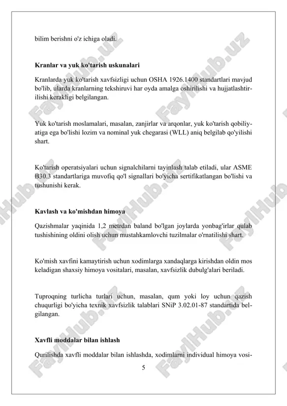 itish dasturlari ishchilarga 1926-sonli osha standartlariga muvofiq yuk ko‘tarish, qazish va elektr xavfsizligi kabi xavflarni aniqlashga yordam beradi. treninglar ishchilarga 29 cfr 1926.21 qoidalariga rioya qilishni o'rgatadi. shuningdek, ular shaxsiy himoya vositalaridan to'g'ri foydalanishni ta'minlash uchun zarur. o'qitish har bir xodimning vazifasiga moslashtiriladi, bunda 40 soatlik osha treningi kabi maxsus kurslar xavfsizlik bo'yicha mutaxassislar uchun muhim ahamiyatga ega. xulosa qurilishda xavfsizlikni ta'minlash baxtsiz hodisalarni oldini oladi, ish unumdorligini oshiradi va xodimlarning sog'lig'ini himoya qiladi. bu ustuvor vazifa bo'lishi kerak. foydalanilgan adabiyotlar 1. qurilishda mehnat xavfsizligi va sog'lig'ini muhofaza qilish bo'yicha xalqaro mehnat tashkiloti (xmt) konventsiyasi, № 167. 2. aqsh mehnatni muhofaza qilish va sog'liqni saqlash boshqarmasi (osha), qurilish standartlari. 3 ( 0 0 0 ) ( 7 )