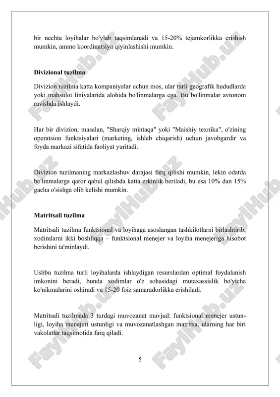 urlar tashkil qilish kerak. xulosa xulosa soxa enterprises kompaniyasining tuzilishi samaradorlik, moslashuvchanlik va 2023-yilgi strategik maqsadlarga erishish uchun moslashtirilganligini ta'kidlaydi. tahlil shuni ko'rsatadiki, soxa enterprises 360 daraja qayta aloqa va o'zaro funksional jamoalarni qo'llab-quvvatlaydigan matritsali modelni ishlatadi. soxa enterprises menejment tuzilmalari o'sish talablari va bozordagi 7 xildagi raqobatbardosh o'zgarishlarga moslashishi uchun doimiy takomillashtirishga urg'u beradi. xulosa "soxa enterprises"da boshqaruv tuzilmalarining tashkiliy turlari kompaniyaning muvaffaqiyatiga erishishda muhim rol o'ynaydi. foydalanilgan adabiyotlar 1. daft, r. l. (2015). tashkilot nazariyasi va dizayni. cengage learning. 2. robbins, s. p., judge, t. a. (2017). tashkiliy xulq. pearson education. 3. jones, g. r. (2013). tashkilot nazariyasi, dizayn va o'zgarish. pearson education. 4. mintzberg, h. (1979) ( 0 0 0 ) ( 7 )