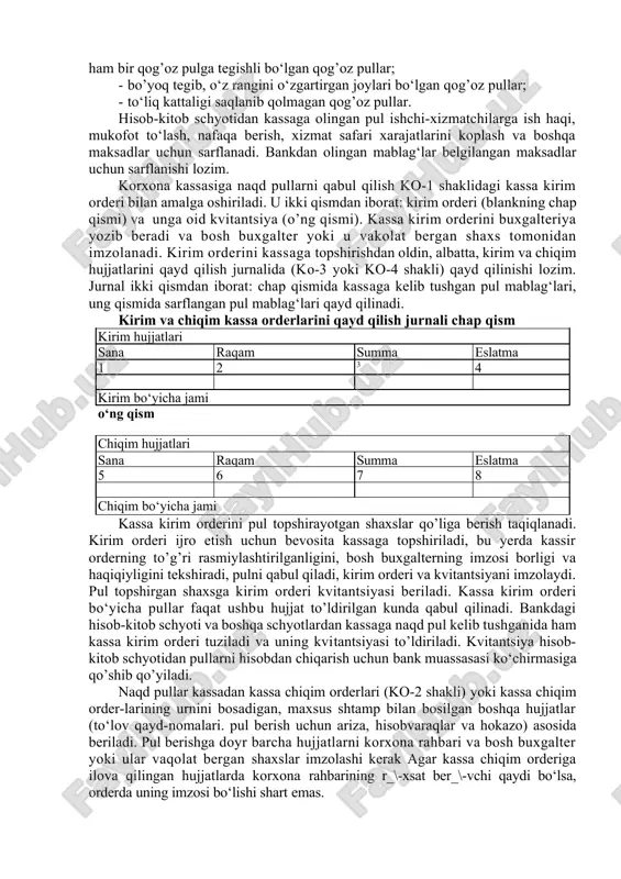 ing hisobda to‘g‘ri va o‘z vaqtida aks ettirilishiga bog‘liqdir.buxgalteriya hisobi oldida pul mablag‘lari va qisqa muddatla investitsiyalarni hisobga olish bobida qo’yidagi asosiy vazifalar turadi. -korxonaning pul mablag‘larini samarali boshqarish maqsadlari uchun zarur axborot bilan ta’minlash; mazkur sharoitlarni tartibga soluvchi me’yoriy hujjatlar talablariga rioya etgan naqd pulsiz o‘tkazishlar hisob-kitoblarni o‘z vaqtida amalga oshirish; -hisob registrlarida to‘lov va hisob-kitob muomalalari pul mablag‘larining mavjudligi hamda harakatini to‘liq va tezkor aks ettirish, zero korxona pul mablag‘larining korxona amaliy faoliyatining asosiy ko‘rsatkichlaridan biri hisoblanadi; mablag‘laridan korxonada ishlab chiqilgan limitlar va smetalarga muvofiq amaldagi qoidalarigarioya qilish; -pul mablag‘lari va o‘zaro hisob-kitoblar holatining inventarizatsiyasini belgilangan muddatlarda o‘tkazish; -kassada, banklardagi hisob-kitob, valyuta va boshqa hisobvaraqlarda pullar mavjudligi va butligini nazorat qilish; -pul resurslarining harakat oqimini prognozlash va pul mablag‘larining harakati maqbul holga keltirishni tartibga solish bo‘yicha tegishli boshqaruv qarorlarini muddatli investitsiyalar bilan bog‘liq muomalalarni o‘z vaqtida hisobga olishni talab etadi. 2. kassa muomalalarini hisobga olish kassa muomalalarini yuritish …
