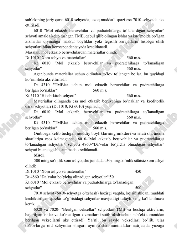 obligatsiyalar, ko’cmas mulk krediti va uzoq muddatli qimmatli qog’ozlarni keltirish mumkin.[footnoteref:3] [3: wan madznah wan ibrahim va mohd rizal palil “fundamentals of business accounting” oxford university press, 2014; 54-bet] uzoq muddatli majburiyatlar quyidagi schyotlarda aks ettiriladi: 7000 "mol etkazib beruvchilar va pudratchilarga to’lanadigan uzoq muddatli schyotlar"; 7100 "ajratilgan bo’linmalar, sho’’ba va qaram xo’jalik jamiyatlariga bo’lgan uzoq muddatli qarzlar"; 7200 "kechiktirilgan uzoq muddatli majburiyatlarni hisobga oluvchi schyotlar"; 7300 "xaridor va buyurtmachilardan olingan bo’naklarni hisobga oluvchi schyotlar"; 7800 "uzoq muddatli kreditlar va qarzlarni hisobga oluvchi schyotlar"; 7900 "turli kreditorlarga bo’lgan uzoq muddatli qarzlarni hisobga oluvchi schyotlar". 2. mol etkazib beruvchilar va pudratchilarga to’lanadigan schyotlar olingan tovar-moddiy boyliklar, ishlar, xizmatlar uchun mol etkazib beruvchilar va pudratchilarga oid majburiyatlar quyidagi schyotlarda aks ettiriladi: a) joriy qismi: 6010 "mol etkazib beruvchilar va pudratchilarga to’lanadigan schyotlar"; 6020 "berilgan veksellar". b) uzoq muddatli qismi: 7010 "mol etkazib beruvchilar va pudratchilarga to’lanadigan uzoq muddatli schyotlar"; 7020 "berilgan veksellar". …