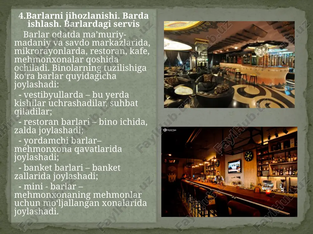 ishni jiddiy ko’rsatkichi sifatida shikoyatlarni yoki mijozlar bilan ziddiyatlarni bo’lmasligi namoyon bo’ladi. 3.ishlab chiqarish ishchilari yoki aqliy mehnat ishchilari xizmat ko’rsatish asosiy ishlab chiqarish jarayoni mayda tizimini boshqaruvini ko’rib chiqamiz. ushbu mayda tizim quyidagilarni qamrab oladi: - xizmatlarni iste’molchi ishtirokida yoki uni yo’qligida, yoki ishchini xizmat ko’rsatish joyiga korxonadan tashqariga chiqib taqdim qilish jarayoni; - ta’mirlanadigan, sotiladigan, yasaladigan buyum, tovar ko’rinishidagi mahsulotlarni, shuningdek yo’ldosh tovarlarni; - jihoz, instrument, yordamchi materiallar va boshqalar; - materiallar, energiya, xom-ashyo. ishlab chiqarish sohasi rahbarlari oldida ishchilar harakatlarini tashkillashtirish, buyruq berish, muvofiqlashtirish, oldindan ko’rish, nazorat kabi maqsadli harakat va operasiyalarni personalga nisbatan qo’llay turib, samarali xizmatni amalga oshirish jarayonini optimallashtirish vazifasi turadi. 4.servis korxonasi ishlab chiqarishini tarkibi hamma joylarda mateiallar va xom-ashyoni sarflash me’yorlari mavjud. materiallar va xom-ashyoni sarf me’yori bu uni ishlab chiqarishni aniq tashkiliy-texnik sharoitlarida belgilangan sifatdagi birlik mahsulotni (servis ishini) ishlab chiqarish uchun maksimal yo’l qo’yiladigan miqdoridir. servis amaliyotida materiallarni iqtisod qilinishi, …