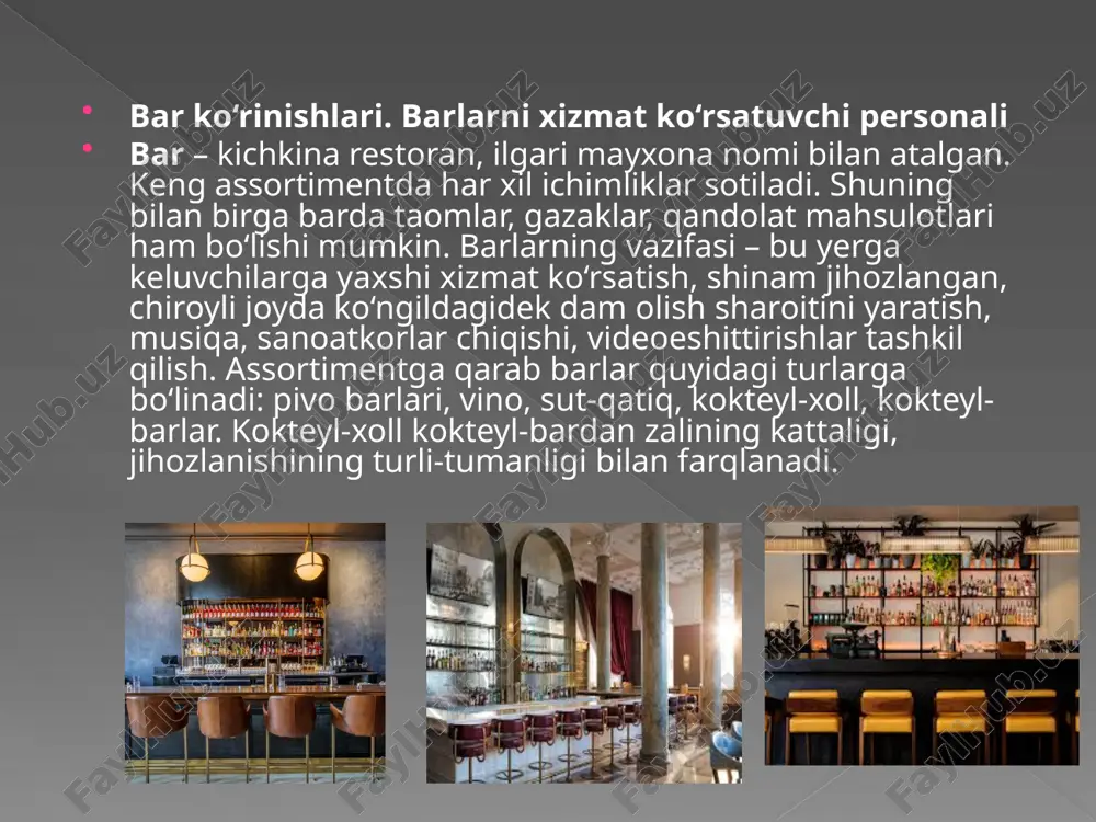 joylariga, xususan mijozlar o’rinlarini, shuningdek xizmat ko’rsatish personalini ish joylarini holatiga alohida ‘tibor qaratish kerak bo’ladi. ishlab chiqarish ishchilari yoki aqliy mehnat ishchilari xizmat ko’rsatish asosiy ishlab chiqarish jarayoni mayda tizimini boshqaruvini ko’rib chiqamiz. ushbu mayda tizim quyidagilarni qamrab oladi: - xizmatlarni iste’molchi ishtirokida yoki uni yo’qligida, yoki ishchini xizmat ko’rsatish joyiga korxonadan tashqariga chiqib taqdim qilish jarayoni; - ta’mirlanadigan, sotiladigan, yasaladigan buyum, tovar ko’rinishidagi mahsulotlarni, shuningdek yo’ldosh tovarlarni; - jihoz, instrument, yordamchi materiallar va boshqalar; - materiallar, energiya, xom-ashyo. ishlab chiqarish sohasi rahbarlari oldida ishchilar harakatlarini tashkillashtirish, buyruq berish, muvofiqlashtirish, oldindan ko’rish, nazorat kabi maqsadli harakat va operasiyalarni personalga nisbatan qo’llay turib, samarali xizmatni amalga oshirish jarayonini optimallashtirish vazifasi turadi. servis korxonasi ishlab chiqarishini tarkibi hamma joylarda mateiallar va xom-ashyoni sarflash me’yorlari mavjud. materiallar va xom-ashyoni sarf me’yori bu uni ishlab chiqarishni aniq tashkiliy-texnik sharoitlarida belgilangan sifatdagi birlik mahsulotni (servis ishini) ishlab chiqarish uchun maksimal yo’l qo’yiladigan miqdoridir. servis …