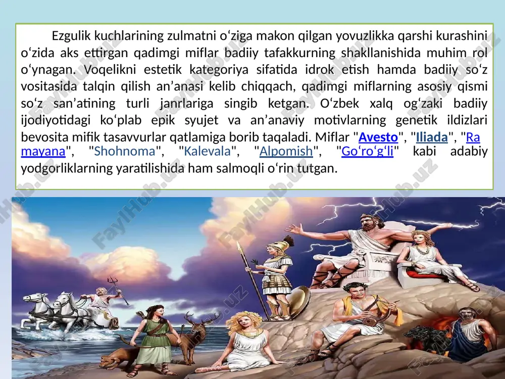 n ekish, hosil yig’ish haqida shunday deyiladi: “kimdakim bug’doy eksa, u ashah (haqiqat) ni ekadi. u mazda dinini yana va yana ko’kartiradi... qachonki egatlarda urug’ yetilsa, devlar o’rinlaridan qo’padilar. qachonki bug’doy gurkirab ko’karsa, devlar dahshatdan titray boshlaydilar. qachonki bug’doy un bo’lsa, devlar nola chekadilar. qachonki bug’doy xirmonga uyulsa, devlar nobud bo’ladilar. qay bir xonadonda bug’doy bosh chiqarsa, u xonadonga devlar yaqinlasha olmaydilar. qay bir xonadonda bug’doy bosh chiqarsa, devlar u xonadondan qochadilar. qay bir xonadonda bug’doy ombori bo’lsa, go’yo qizdirilgan temir devlar bo’ynini chirmab tashlaydi”. “avesto” kitobida ezgulik olamini yaratuvchi ahura mazda bilan yomonlik olami xudosi angra manyu (ahriman) qarama-qarshi qo’yilgan. ular o’rtasidagi munosabatni tasvirlash davomida mitra, anaxita, kayumars, jamshid, gershasp kabi qahramonlar ishtirok etgan voqealar bayon etiladi. xullas, “avesto” uch ming yil muqaddam yashagan ota-bobolarimizning hayot tarzi qanday bo’lganidan aniq va daliliy xabar beruvchi go’zal tarixiy-adabiy yodgorlikdir. uning hozirgi bizga ma’lum bo’lgan eng qadimgi 1324-yilda ko’chirilgan nusxasi kopengagen shahrida …