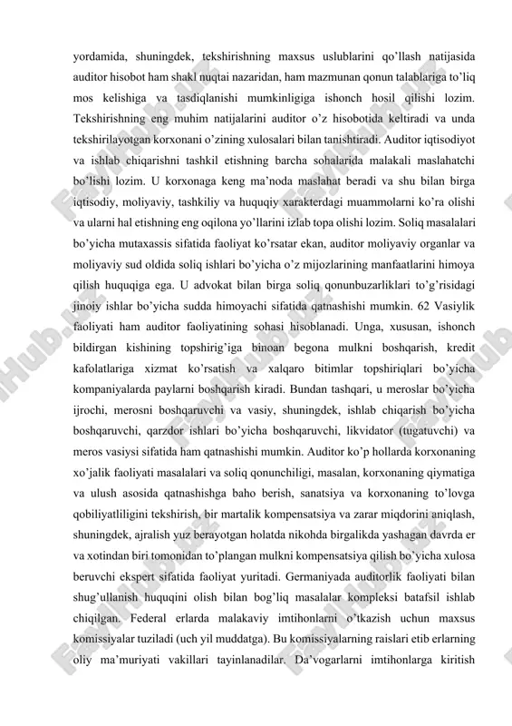 ngashning faolligi oshdi. aqshda auditorlik firmalari 4 ta guruhga bo`linadi: bugungi kunda aqshda 45000 dan ortiq auditorlik firmalari mavjud. 2. germaniyada auditorlik faoliyati germaniyada auditorlik faoliyati 1961 yil 27 iyulda qabul qilingan “auditorlarning professional nizomi to’g’risida”gi qonunga muvofiq amalga 61 oshiriladi. ushbu qonunga muvofiq auditor deganda ushbu kasbni ochiq tarzda ijro etadigan va o’zining shaxsiy hamda kasbiy layoqatliligini tegishli imtihonni topshirish yo’li bilan tasdiqlagan shaxs tushuniladi. auditorning kasbiy faoliyati mazmuni iqtisodiy sohada auditorlik tekshirishlarini amalga oshirishda, soliq masalalari bo’yicha maslahat xizmatlarini ko’rsatishda, ishlab chiqarishni boshqarish sohasida ekspert sifatida ishlashida o’z aksini topadi. “auditorlik faoliyati to’g’risida”gi qonunga muvofiq majburiy tekshirilishi lozim bo’lgan kompaniyalarning yillik buxgalteriya hisobotini tekshirishda keng tarqalgan. bundan tashqari, majburiy tekshirish lozim bo’lmagan korxonalar ham o’zlarining tashabbuslari bilan yoki uchinchi shaxslarga (masalan, kreditorlarga) hisobot taqdim etish zaruriyati paydo bo’lganda auditorlarni o’zlarining yillik balanslarini tekshirish uchun jalb etishlari mumkin. korxonaning hisoboti va ish yozuvlari bilan tanishish yordamida, shuningdek, tekshirishning maxsus …