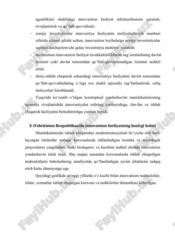 h; ilmiy-ishlab chiqarish sohasidagi innovastiya faoliyatini davlat tomonidan qo’llab-quvvatlashning o’ziga xos shakli iqtisodiy rag’batlantirish, soliq imtiyozlari hisoblanadi. yuqorida ko’rsatib o’tilgan konsteptual yondashuvlar mamlakatimizning iqtisodiy rivojlanishda innovastiyalar rolining kuchayishiga, ilm-fan va ishlab chiqarish faoliyatini birlashtirishga yordam beradi. 3. o`zbekiston respublikasida innovatsion faoliyatning hozirgi holati mamlakatimizda ishlab chiqarishni modernizatsiyalash bo‘yicha olib borilayotgan islohotlar nafaqat korxonalarda ishlatiladigan texnika va texnologik jarayonlarni yangilashni, balki boshqaruv va hisobini tashkil etishda innovatsion yondashuvni talab etadi. shu nuqtai nazardan korxonalarda ishlab chiqarilgan mahsulotlarni baholashning amaliyotda qo‘llaniladigan ayrim jihatlarini tadqiq etish katta ahamiyatga ega. quyidagi grafikda so‘nggi yillarda o‘z kuchi bilan innovatsion mahsulotlar, ishlar, xizmatlar ishlab chiqargan korxona va tashkilotlar dinamikasi keltirilgan. 4-rasm. o‘z kuchi bilan innovatsion mahsulotlar, ishlar, xizmatlar ishlab chiqargan korxona va tashkilotlar soni (2010-2016 yillar) manba: www.stat.uz. innovatsion mahsulotlar, ishlar, xizmatlar ishlab chiqargan korxona va tashkilotlar soni 2010 yildan 2016 yilga qadar 8 barobarga ko‘payib, 289 tadan 2374 taga yetdi. jumladan birinchi marta innovatsion mahsulotlar, …