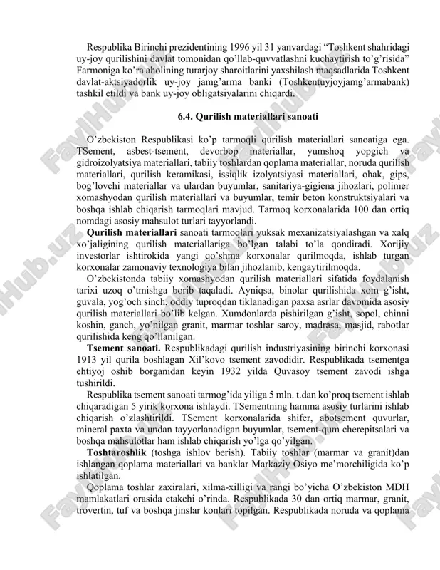 rmontaj”, “o’zsantexgazmontaj”, “o’zissiqlikmontaj”, “o’zsanoatventilyatsiya”, “o’zpo’latkonstruktsiya”, “farg’onaneftkimyomontaj” trestlari, “o’zbekneftmontaj” boshqarmasi, toshkent engil metall konstruktsiyalari, to’ytepa metall konstruktsiyalari, toshkent sanitariya jihozlari zavodlari, “o’zmontajloyiha” instituti va boshqalar bor. keyingi yillarda xorijiy mamlakatlar firmalari bilan turli korxonalar qurilishida hamkorlik yo’lga qo’yildi. “o’zdehqonchilikqurilish” birlashmasi qishloq joylarida ishlab chiqarish va noishlab chiqarish maqsadlaridagi qurilish ishlarini olib boradi. respublika qishloq qurilishi vazirligi va “o’zjamoaxo’jalikqurilish” birlashmasining ayrim tashkilotlari negizida tashkil etilgan. birlashma qishloq xo’jaligining moddiy- texnika bazasini yaratish va mustahkamlash, jamoat binolari, maktablar, yirik kasalxonalar, savdo markazlari, klub va madaniyat saroylari, bog’chalar, maishiy xizmat ko’rsatish kombinatlari va boshqalar qurilishida katta yutuqlarni qo’lga kiritdi. respublika qishloqlarini obodonlashtirish, yo’l, elektr shoxobchalari, gazoprovodlar qurilishi, qishloq mehnatkashlarining buyurtmalari bo’yicha uy-joylar qurib berish ishlarini ham bajaradi. birlashma tarkibida 23 bosh pudratchi trest, 191 mexanizatsiyalashgan ko’chma kolonna, 27 zavod, 14 avtobaza, “o’zdehqonchilikqurilishloyiha” instituti va boshqa tashkilotlarda 64 ming xodim ishlaydi. birlashmaning o’z korxonalarida temir-beton panellari, keramzit, o’tga chidamli g’isht, butlovchi qismlar, sanitariya, texnika qurilmalarini …