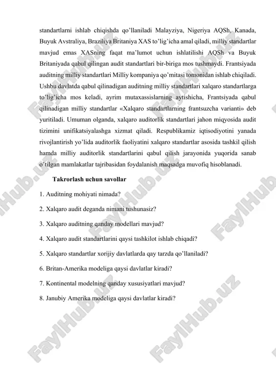alayziya va nigeriyada milliy standartlar ishlab chiqilmaydi, ularning auditorlik amaliyotida xalqaro standartlar to’lig’icha amal qiladi. har bir mamlakatda auditning standartlarini ishlab chiqishda maxsus tashkilotlar faoliyat yuritadi. masalan, aqshda standartlarni ishlab chiqish bilan moliyaviy hisobot standartlarini ishlab chiquvchi kengash (fasb) shug’ullanadi. ushbu standartlarning amalda qo’llanilishini nazorat qilish hukumatning qimmatli qog’ozlar va birjalar bo’yicha komissiyasi (sec) zimmasiga yuklatilgan. fasb va secning o’zaro hamkorligi tufayli aqshda audit standartlari qo’llanilishining samarali mexanizmi yaratilgan. auditning vatani hisoblangan buyuk britaniyada esa buxgalteriya hisobi va audit siyosati asosan nohukumat tashkilotlar tomonidan olib boriladi. shu boisdan xalqaro auditorlik standartlari (xas)ning qo’llanilish darajasi xas milliy standartlarni ishlab chiqishda qo’llaniladi malayziya, nigeriya aqsh, kanada, buyuk avstraliya, braziliya britaniya xas to’lig’icha amal qiladi, milliy standartlar mavjud emas xasning faqat ma’lumot uchun ishlatilishi aqsh va buyuk britaniyada qabul qilingan audit standartlari bir-biriga mos tushmaydi. frantsiyada auditning milliy standartlari milliy kompaniya qo’mitasi tomonidan ishlab chiqiladi. ushbu davlatda qabul qilinadigan auditning milliy standartlari xalqaro …