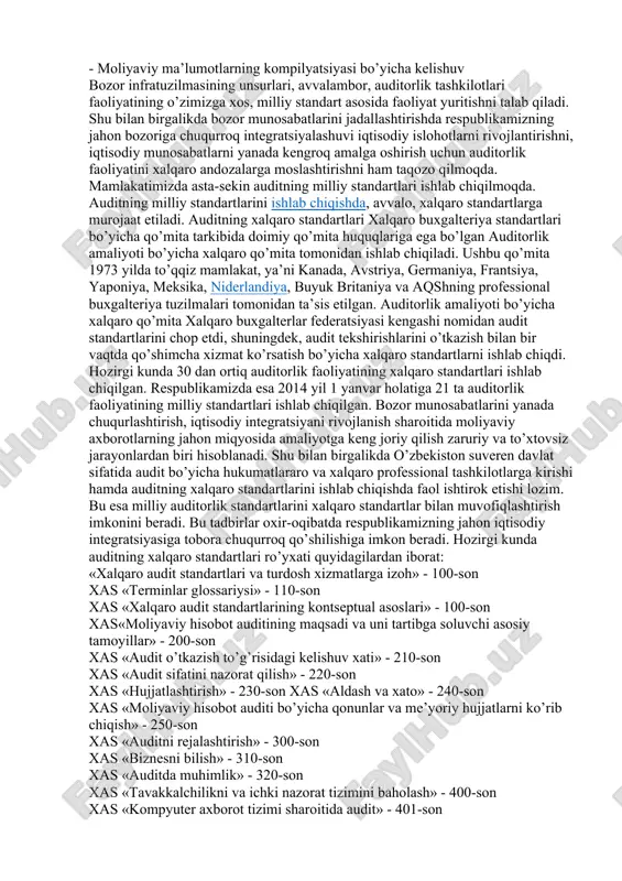 ha substandart ochish mumkin. xalqaro audit standartlari xalqaro miqyosda auditorlik faoliyatining sifati va mavqeini oshirishda muhim ahamiyat kasb etadi. bu standartlar va me’yorlar bir qancha sohalar bo’yicha ishlab chiqiladi: a) audit bo’yicha xalqaro me’yorlar; b) boshqaruv hisobining xalqaro amaliy qoidalari; v) jamoat sektori bo’yicha xalqaro me’yorlar. ifac hisob va auditga doir barcha faoliyatini o’zining qo’mitalari orqali tashkil etadi va amalga oshiradi. hozirgi vaqtda bular jumlasiga: auditorlik amaliyoti bo’yicha qo’mita, o’qitish bo’yicha qo’mita, etika (axloq) bo’yicha qo’mita, moliyaviy hisob va boshqaruv hisobi bo’yicha qo’mita, rejalashtirish bo’yicha qo’mita, jamoat sektori bo’yicha qo’mita va boshqalar kiradi. butun dunyo auditorlari mazmunan o’xshash ishni bajarsalarda, har bir mamlakatda auditorlik faoliyatini tashkil etish o’zining milliy xususiyatlariga ega bo’lishi mumkin. auditorlik faoliyatining xalqaro standartlari va me’yorlari esa u yoki bu mamlakatning milliy standartlari va me’yorlarini bekor qilmaydi. ko’plab mamlakatlar (o’zbekiston 1999 yildan boshlab) o’zlarining milliy standartlarini va boshqa me’yoriy hujjatlarini ishlab chiqmoqdalar. ular ifacning asosiy talablarini ta’minlash …
