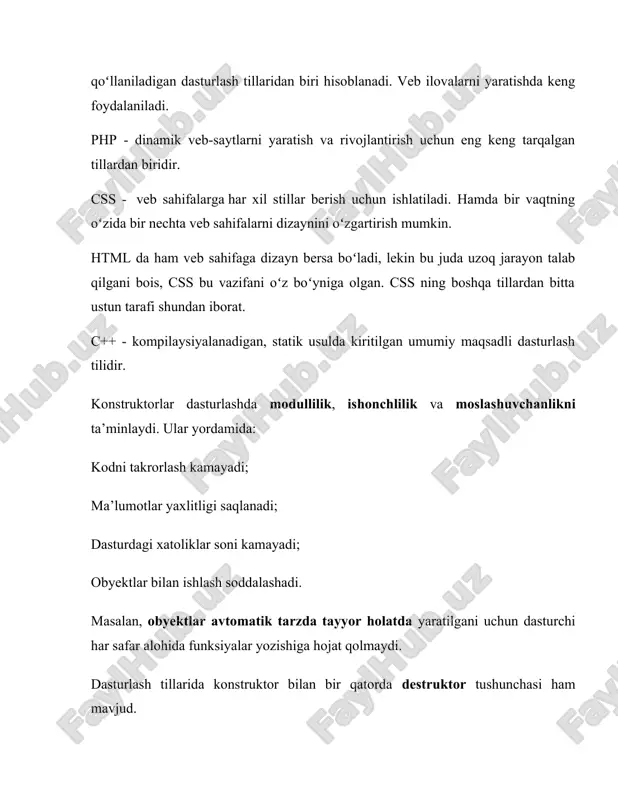 oshiradi, xatoliklarni kamaytiradi va kodni o‘qilishi osonlashtiradi. zamonaviy dasturlash tillarida konstruktorlardan to‘g‘ri foydalanish professional dasturchilar uchun muhim ko‘nikmadir. oddiy usullardan tashqari sinflarda konstruktor deb nomlangan maxsus usullar ham qo'llaniladi . ushbu sinfning yangi ob'ekti yaratilganda konstruktorlar chaqiriladi. konstruktorlar ob'ektni ishga tushirishni amalga oshiradilar. ushbu sinfning yangi ob’ekti yaratilganda konstruktorlar chaqiriladi. konstruktorlar ob’ektni ishga tushirishni amalga oshiradilar va sinflarni initsializatsiyalashga imkoniyat beradi, sinfning obyektini hosil qilganimizda, u xotiradan joy ajratadi. ya’ni konstruktor – bu oddiy (struktura bo’yicha) funksiya, kirish ma’lumotlarini olib, sinf maydonlarini o’zlashtiradi. konstrukto hosil qilingan har qaysi obyekt uni chaqiradi. konstruktorlar biz biladigan metodlardan bir farqli jihati bor ekan bu esa hech qanday qiymat qaytarmaydi: na int tipi, na float tipi, na double tipini va hattoki void tipini ham.shunaqa metod ham bularkanmi mana bularkanu. c# tilida biz agar konstruktor yozish esimizdan chiqib qoladigan bulsa o’zi jimlik buyicha sinf bitta konstruktorni yaratadi ammo u bizga kurinmaydi.bunday konstruktorlarni standart konstruktorlar ham …