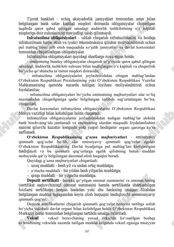 a hissa qilingan vositalarni olishga huquq beradigan aksiyalar hisoblanadi. imtiyozli aksiyalar egasiga belgilangan dividendlarni korxonaning daromadi mavjudligidan mustaqil ravishda olishga huquq beradi. nodavlat yuridik shaxslar, shuningdek jismoniy shaxslar (o‗zr rezidentlari yoki norezidentlari) tasdiqlangan xususiylashtirish dasturlari doirasida davlat aksiyalarini xarid qilishga huquqli. davlat mulkidagi aksiyalarni sotilganda qilish birja va birjadan tashqari savdoda o‗zr vmning 06.10.2014 y. 279-son qarori bilan tasdiqlangan "davlat aksiyalarini sotish tartibi to‗g‗risida" nizomda belgilangan tartibda amalga oshiriladi. qimmatli qog‗ozlar bilan birjadan tashqari bitimlar depozatiriyda quyidagi operatsiyalar amalga oshirilganda ro‗yxatga olinishi lozim:  qimmatli qog‗ozlar tegishli shartnomalarni tuzish yo‗li bilan birinchi egalariga begonalashtirilganda;  aksiyadorlarning talabiga ko‗ra aksiyadorlik jamiyati tomonidan o‗z aksiyalari sotib olinganda;  qimmatli qog‗ozlar yuridik shaxslarning ustav fondiga kiritilganda;  ayirboshlanganda;  hadya berilganda;  meros qilib berilganda;  garovga qo‗yilganda; obligatsiya - emissiyaviy qimmatli qog‗oz bo‗lib, u obligatsiyani saqlovchining obligatsiyaning nominal qiymatini yoki boshqa mulkiy ekvivalentini obligatsiyani chiqargan shaxsdan obligatsiyada nazarda tutilgan muddatda olishga, obligatsiyaning …