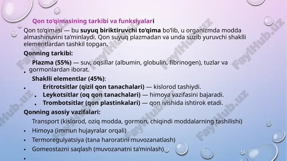 i: organlararo o‘zaro muvofiqlashgan rivojlanishni ta’minlaydi. hujayra differensiallanishining aniqligini saqlaydi. rivojlanish nuqsonlarini (anomaliyalarni) oldini oladi. genetik dastur asosida to‘qimalarning o‘zaro “muloqot”ini boshqaradi. amaliy misollar: ko‘zning rivojlanishi: orqa miya pufakchasi induktor sifatida ishlaydi, u ko‘z pufagini hosil qiladi; ko‘z pufagi esa linza epiteliyasining shakllanishini qo‘zg‘atadi. tish hosil bo‘lishi: og‘iz epiteliyasi bilan mezenxima orasidagi induktiv o‘zaro ta’sir natijasida amalga oshadi. quloq pufagi va eshituv asboblari shakllanishi: markaziy asab tizimidan keluvchi induksion signallar orqali sodir bo‘ladi. eto izobrajenie, avtor: neizvestniy avtor, litsenziya: cc by-sa mavzu:biriktiruvchi va tog’ay to’qimalari reja: biriktiruvchi to‘qimaning tuzilishi va turlari tog‘ay to‘qimasining tuzilishi, turlari va funksiyasi biriktiruvchi va tog‘ay to‘qimalarining o‘zaro bog‘liqligi va ahamiyati biriktiruvchi to‘qimaning tuzilishi va turlari biriktiruvchi to‘qima — bu organizmda eng keng tarqalgan to‘qimalardan biri bo‘lib, u organlar orasini to‘ldiradi, ularni bog‘laydi va mustahkamlaydi. bu to‘qima mexanik, trofik (oziqlantiruvchi) va himoya vazifalarini bajaradi. biriktiruvchi to‘qima uch asosiy tarkibiy qismdan iborat: hujayralar (fibroblastlar, makrofaglar, limfotsitlar, plazmatik …