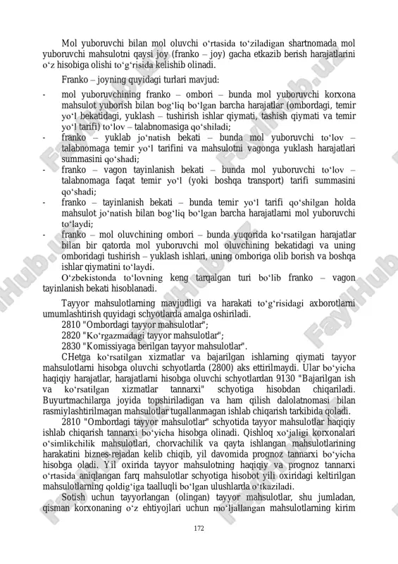 i. bu hujjat tegishli xizmat boshlig‗i, omborchi va ekspeditor tomonidan imzolanadi. buyruq – nakladnoy ikki nusxada to‗zilib, birinchisi tovar – transport nakladnoyiga binoan jo‗natilgan o‗rin miqdorini, yukning og‗irligini va mol oluvchining bekatigacha mahsulotni etkazib berish bo‗yicha to‗langan temir yo‗l tarifi summasini ko‗rsatish uchun ekspeditorga beriladi. ikkinchi nusxasi molning jo‗natganligi to‗g‗risida asos bo‗lib omborchida qoladi. unga binoan ombor hisobi kartochkasining «chiqim» grafasiga jo‗natilgan mahsulotning miqdorini yozib qo‗yadi va hujjat buxgalteriyaga topshiriladi. ekspeditor mahsulotni transport tashkilotiga topshirib undan yukni ham qilib olganligi to‗g‗risida kvitansiya oladi. mahsulot jo‗natilgandan keyingi kuni ekspeditor buyruq – nakladnoyini va transport tashkilotining kvitansiyasini mol oluvchining nomiga to‗lov talabnoma – topshiriq yoki boshqa hujjat yozish uchun buxgalteriyaga topshirishi shart. shu bilan bir vaqtda schet – faktura ham yoziladi. to‗lov talabnomasida jo‗natilgan tovarning assortimenti, miqdori, sotish (shartnoma) bahosi va qiymati ko‗rsatiladi, bunday holda schet faktura to‗lov talabnomasiga albatta ilova qilinishi kerak. to‗lov talabnomasi mol oluvchining hisob – kitob schetidan schet …
