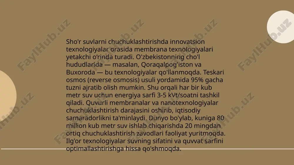 . quyosh energiyasi yordamida distillatsiya usuli keng qo'llaniladi, bu jarayonda sho'r suv bug'lanib, kondensatsiyadan so'ng chuchuk suvga aylanadi. jahonda har kuni 1000 gv sun'iy usulda ishlab chiqarilgan energiya quyosh energiyasi orqali amalga oshirilmoqda. kichik miqyosdagi quyosh distillatsiya qurilmalari o'rnatish oson va texnik xizmat ko'rsatish talabini kamaytiradi. bu usul sho'r suvni chuchuklashtirishda mavjud energiya talabini 40% gacha kamaytirishi mumkin, jumladan o'zbekistonning qulay quyoshli hududlarida qo’llanilishi mumkin. o'zbekiston sharoitida sho'r suvlarni chuchuklashtirish sevinch to’liboyeva e'tiboringiz uchun raxmat! image1.png image2.png image3.png image4.png image5.png image6.png image7.png image8.png /docprops/thumbnail.jpeg