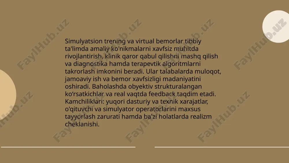 o'qish, 2) individuallashtirish, 3) tez yangilanish, 4) samaradorlikni tahlil qilish. tatbiq sozlash 3 bosqichda: rejalashtirish, resurs ishlab chiqish, joriy etish va baholash. talab: standartlar, xavfsizlik, pedagogik va texnik ko'mak. ... t.me/slaydai_bot etika va ma'lumotlar xavfsizligi: tibbiy ta'limda texnologiyalarni qo‘llashda me'yoriy masalalar — bemor va talabalarning maxfiyligini himoya qilish, roziliklar, ma'lumotlarni anonimlashtirish va minimalizatsiya qilish, shifrlash, rolga asoslangan kirish, autentifikatsiya, audit yozuvlari va ma'lumotlarni saqlash siyosatlari. milliy qonunlar va xalqaro standartlarga (masalan, gdpr/hipaa) muvofiqlik, sun'iy intellektning shaffofligi va biasni kamaytirish, tizimlarni tasdiqlash, xodimlarni o‘qitish, favqulodda javob va huquqiy javobgarlik zarur. ... t.me/slaydai_bot telemeditsina va masofaviy klinik tajriba tibbiy ta'limda masofadan kasallik diagnostikasi, bemor bilan telekonsultatsiya, virtual bemor simulyatsiyalari, masofaviy monitorlash va elektron tibbiy yozuvlar bilan ishlashni o‘rgatadi. zarur vositalar: videoaloqa, vle, ar/vr simulyatorlar, iot-monitorlar va xavfsiz teleplatformalar. kompetensiyalar: telekommunikatsiya, raqamli savodxonlik, ma'lumotlar xavfsizligi, etika va masofaviy baholash (osce-modul). afzalliklar: qishloq hududlarga erkin kirish, resurslarni tejamkorlik, o‘qitishning moslashuvchanligi va interfaol hamkorlik. ... …