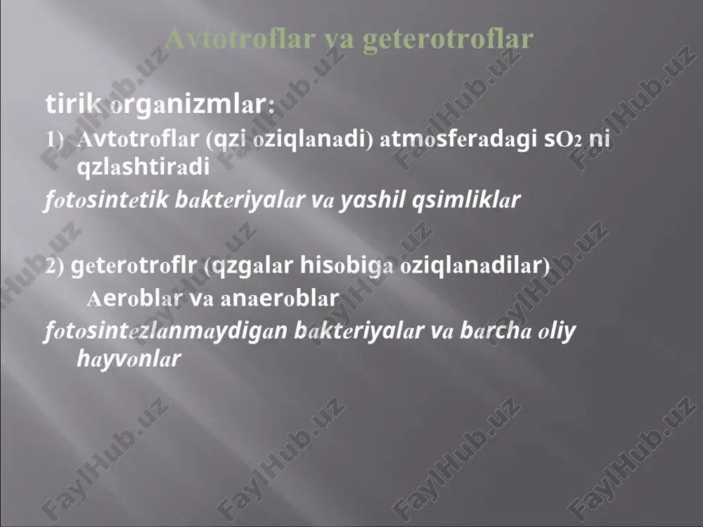 kimeviy energiya atf nadfn pastenergetik oxirgi mahsulot co2, h2o nh3 qtmishdosh - molekulalar a.k., qandlar, yog' k-talar, azot asoslari katabolizm anabolizm katabolitik va anabolitik yqllar qrtasida energetik qzaro bog'liqligi sikl limonnoy kisloti bosqich i oqsillar polisaxaridlar aminokislotalar 20 a.k. glyukoza lipidlar gliserin, eg' kislotalar katta molekulalar molekulalar -qurilish bloklar pentozi geksozi piruvat asetil-soa nh3 h2o co2 parchalanishning umumiy mahsuloti bosqich ii bosqich iii oddiy kichik molekulalar-katabolizmning oxirgi mahsuloti aerob katabolizmning 3ta bosqichi ‹#› katabolitik va anabolitik yqllar qrtasida energetik qzaro bog'lanish biomembrananing tuzilishi biologik membranalar funksiyasi: xujayra va xujayra organoidlari qrab turadi va ajratadi. xujayraga metabolit va ionlar tashilishini boshqaradi, xujayra gomeostazini ta'minlaydi. tashqi signallarni qabul qiladi va xujayra ichiga qtkazadi. fermentativ katalizda ishtirok etadi. xujayralararo matriksni xosil qiladi, xujayralarni qzaro bog'lanishi, ularni qqshilishi va tqqimalarni xosil qilishda ishtirok etadi. xujayra va xujayra organellalari shaklini xosil qiladi, ularni xarakatini ta'minlaydi, sitoskelet xosil qiladi. hujayraning asosiy membranalari va ularning funksiyalari biomembranalar …