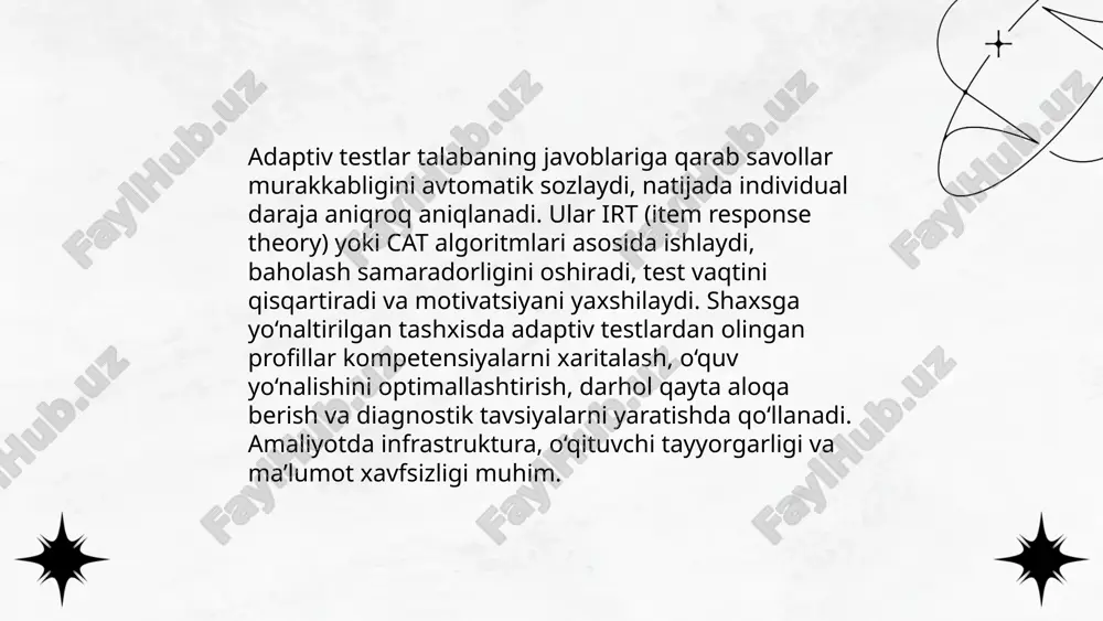hlatiladi: kvantitativ va sifatli. ... t.me/slaydai_bot kompetensiyaga yo‘naltirilgan baholash va malaka modellari o‘quvchilarning amaliy kompetensiyalarini baholashga qaratilgan tizimdir. asosiy elementlar: 1) kompetensiya tavsifi va mezonlari; 2) baholash indikatorlari va rubrikalar; 3) performans vazifalari, portfoliolar, loyihalar; 4) formatif va summativ baholash aralashmasi; 5) raqamli asboblar va diagnostika testlari. afzalliklari: real dunyo ko‘nikmalarini o‘lchash, ta'lim natijalarini aniq moslash va shaxsiy rivojlanish yo‘nalishlarini belgilash. joriy etishda validatsiya va malaka kompetensiyalarini tasdiqlash zarur. ... t.me/slaydai_bot baholash natijalarini vizualizatsiya qilishda interaktiv dashboardlar, grafikalar, issiqlik xaritalari va vaqt seriyali diagrammalar qo‘llanadi. ushbu vositalar o‘quvchilarning kuchli va zaif tomonlarini tez aniqlash, adaptiv o‘quv yo‘nalishlarini belgilash va qaror qabul qilish uchun prognoz modellari bilan integratsiya qilish imkonini beradi. kpi, ball taqsimoti, churn xavfi va ko‘nikma matritsasi kabi ko‘rsatkichlar real-vaqt monitoring va shaxsiylashtirilgan aralashuvlarni qo‘llab-quvvatlaydi. maʼlumotlar maxfiyligi va tizimlararo moslik muhim. ... t.me/slaydai_bot inklyuziv baholash maxsus ehtiyojlarga moslashtirilgan baholash usullari va adaptatsiyalarni o'z ichiga oladi. individualizatsiyalangan baholash rejasi, udl …