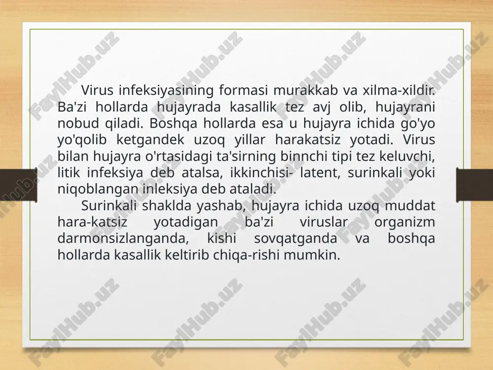 vositalar (masalan, ultrabinafsha nurlari va kimyoviy moddalar) taʼsirida koʻpgina profaglar qayta faollashadi. biroq shu kabi tashqi taʼsirlarsiz ham populyatsiyadagi profaglarning kam qismi oʻz-oʻzidan “litik jarayonni olib boradi” 12 bakteriofag va antibiotiklarni solishtiramiz antibiotiklar kashf etilishidan oldin insondagi bakterial kasalliklarning davosi sifatida bakteriofaglarni qoʻllash ustida muhim tadqiqotlar oʻtkazilgan. bakteriofaglar odam hujayralariga emas, balki faqat oʻzlarining xoʻjayin bakteriyalarigagina hujum qiladi, shu sababdan ular insonlarda bakterial kasalliklarni davolashda yaxshi nomzod sanaladi. 13 antibiotiklar kashf etilganidan soʻng, dunyoning koʻp joylarida (ayniqsa, ingliz tilida soʻzlashadigan mamlakatlarda) fag usuliga yondashishdan voz kechildi. biroq bir qator mamlakatlarda, shu jumladan, rossiya, gruziya va polshada bugungi kunda ham faglardan tibbiy maqsadlarda foydalanish davom etmoqda. antibiotiklarga chidamli bakteriyalar tobora koʻproq muammoga aylanib borayotgani sababli boshqa joylarda ham “fag yondashuvi”ni qaytarishga qiziqish tobora ortib bormoqda. chunki faglarning qanchalik xavfsiz va samarali ekanini tekshirish uchun hali ham tadqiqotlar talab etiladi. ‹#› e’tiboringiz uchun rahmat 14 image1.jpeg image2.png image3.png